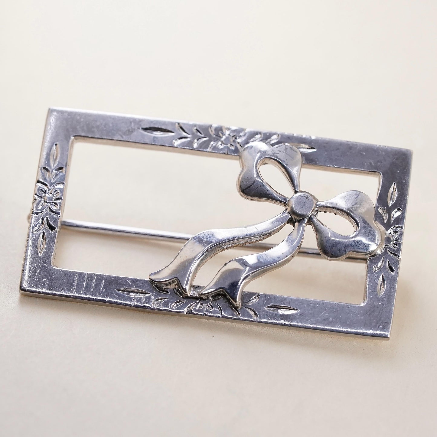 Vintage Sterling silver handmade brooch, 925 ribbon bow tie pin