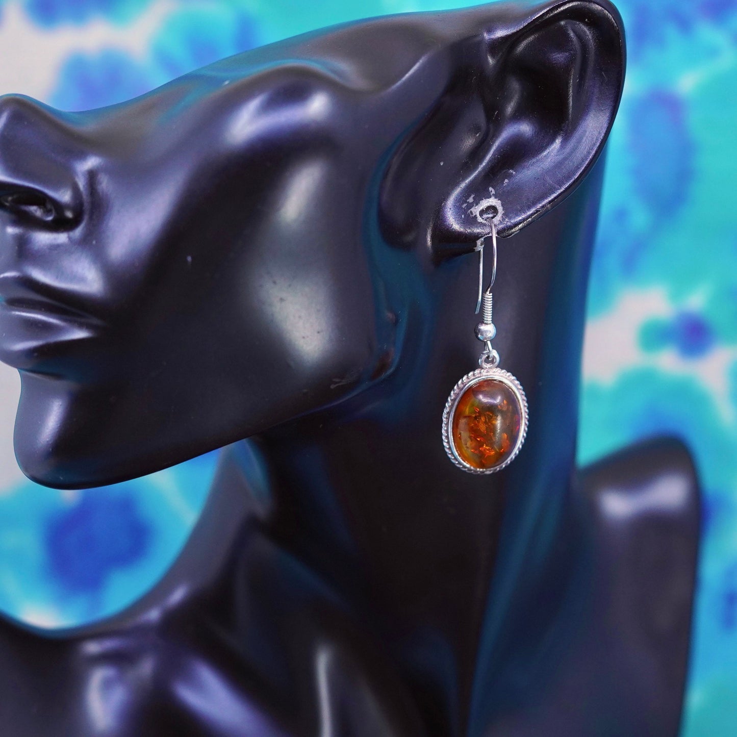 Vintage sterling 925 silver handmade earrings with oval amber