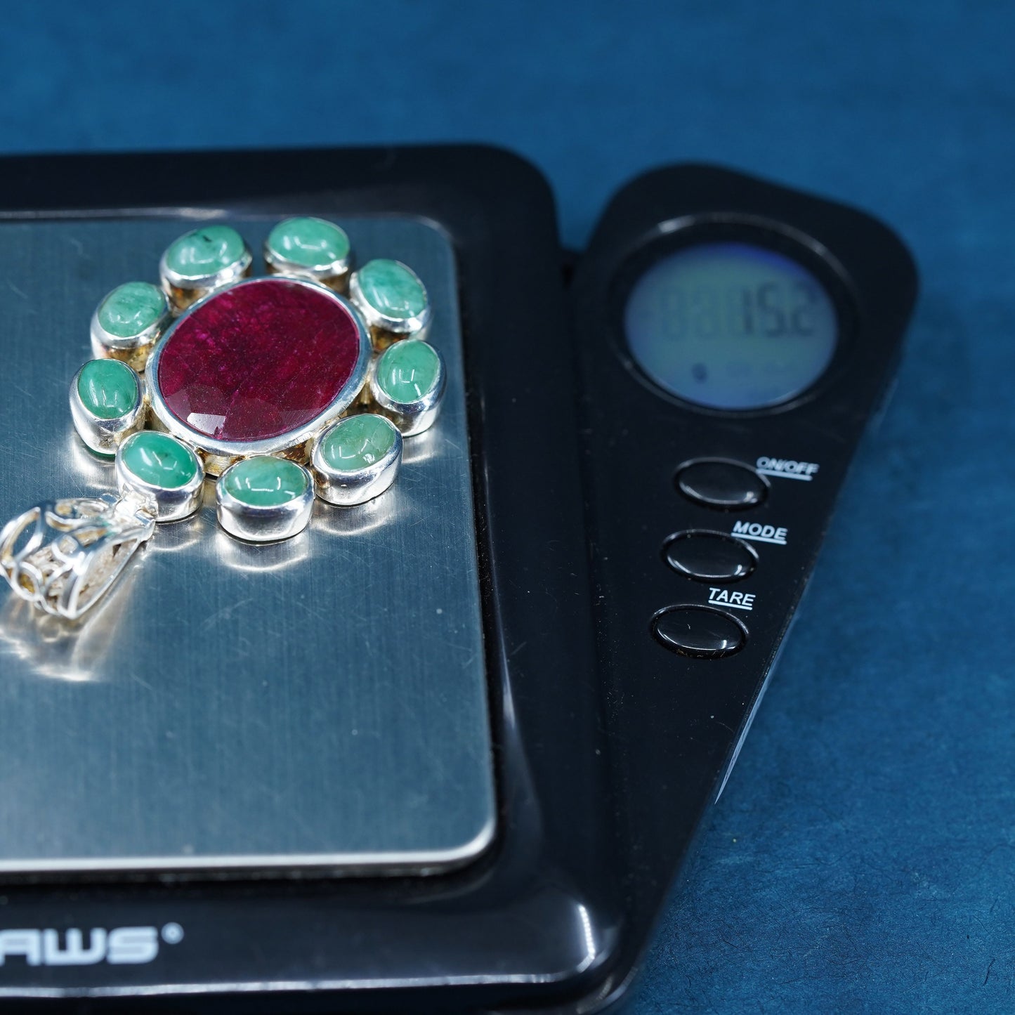 Vintage Sterling 925 silver handmade pendant with natural ruby and green jade