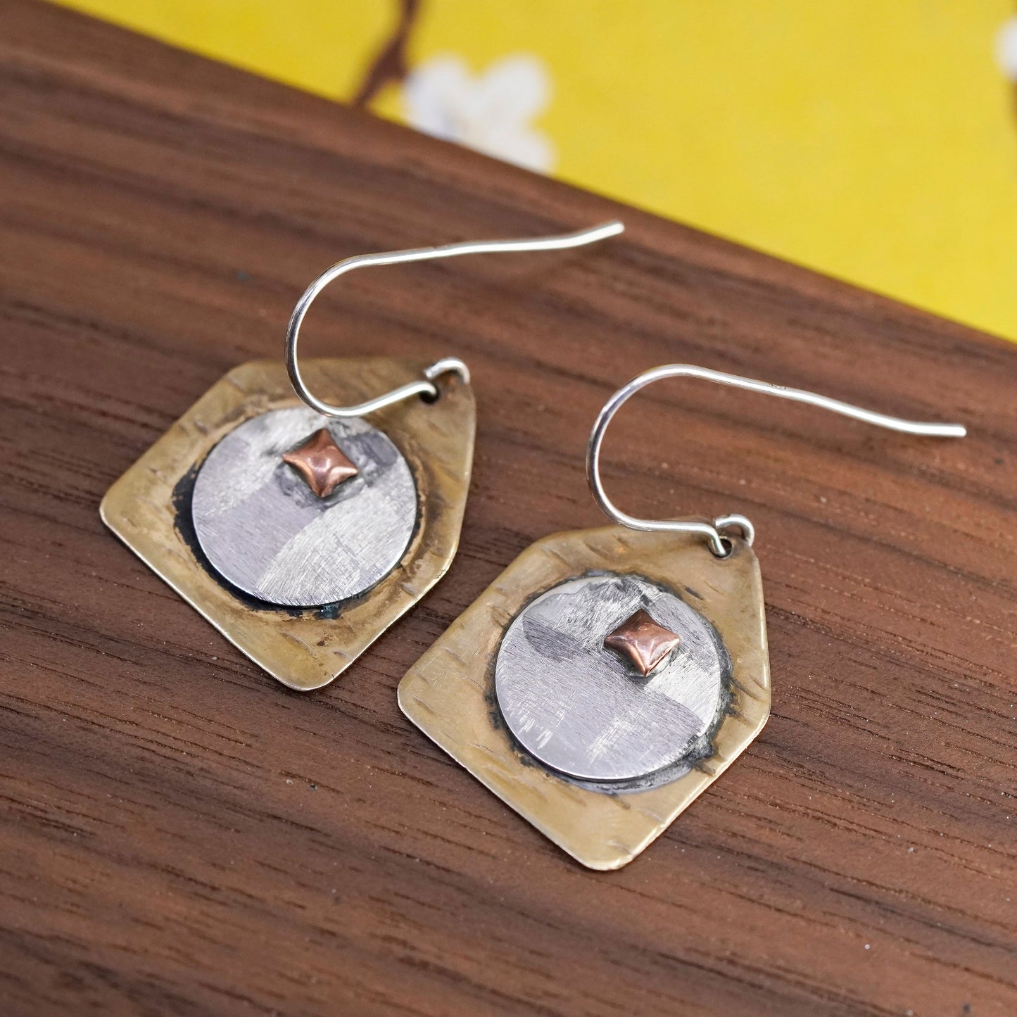 Vintage triple tone Sterling silver handmade earrings, Modern 925 flatten disc