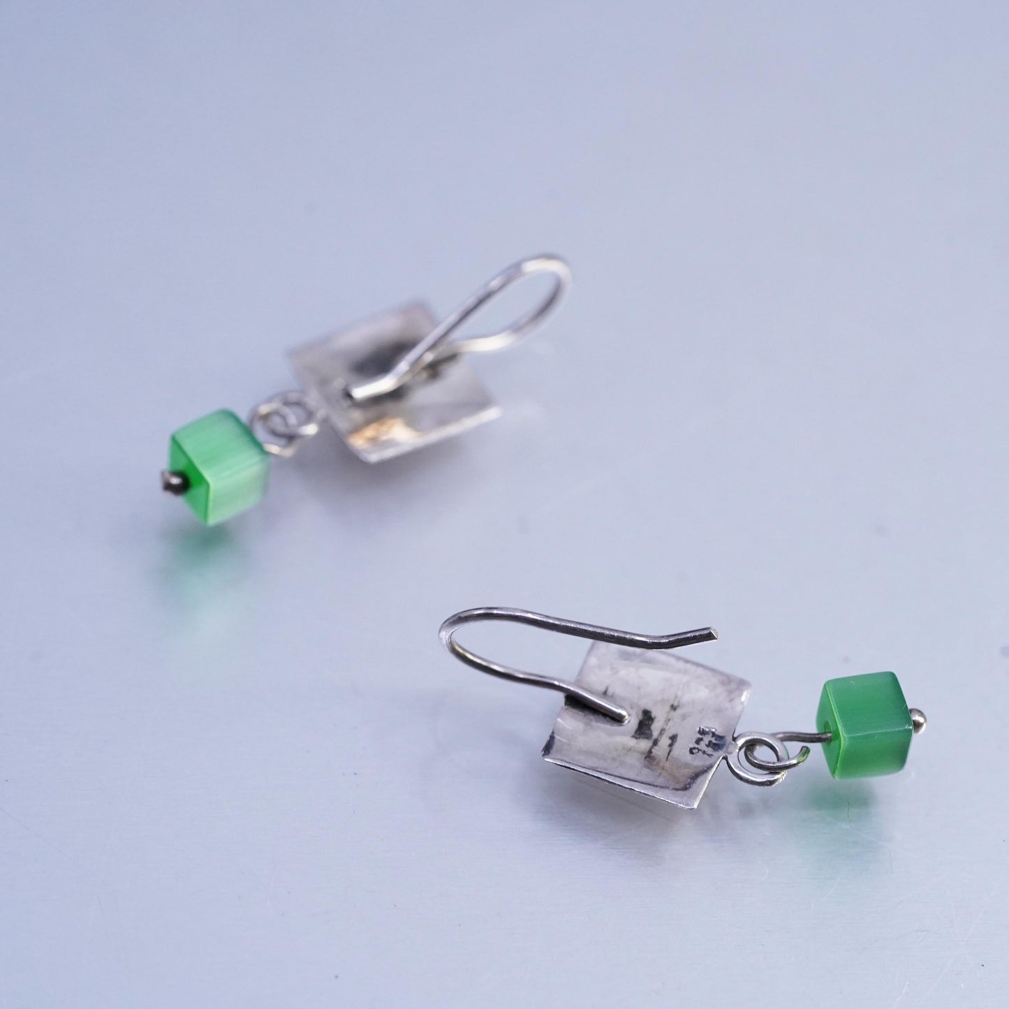 Vintage Sterling 925 silver earrings with square disc and green cat eye dangles