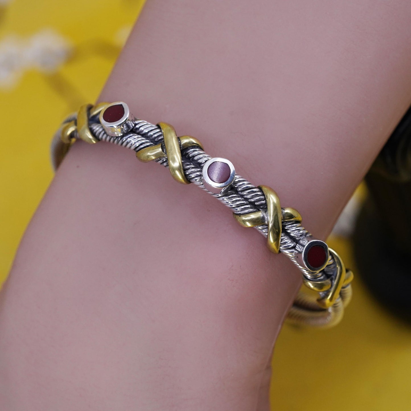 6.75", Mexican sterling silver bracelet, 925 cable cuff brass cross red onyx