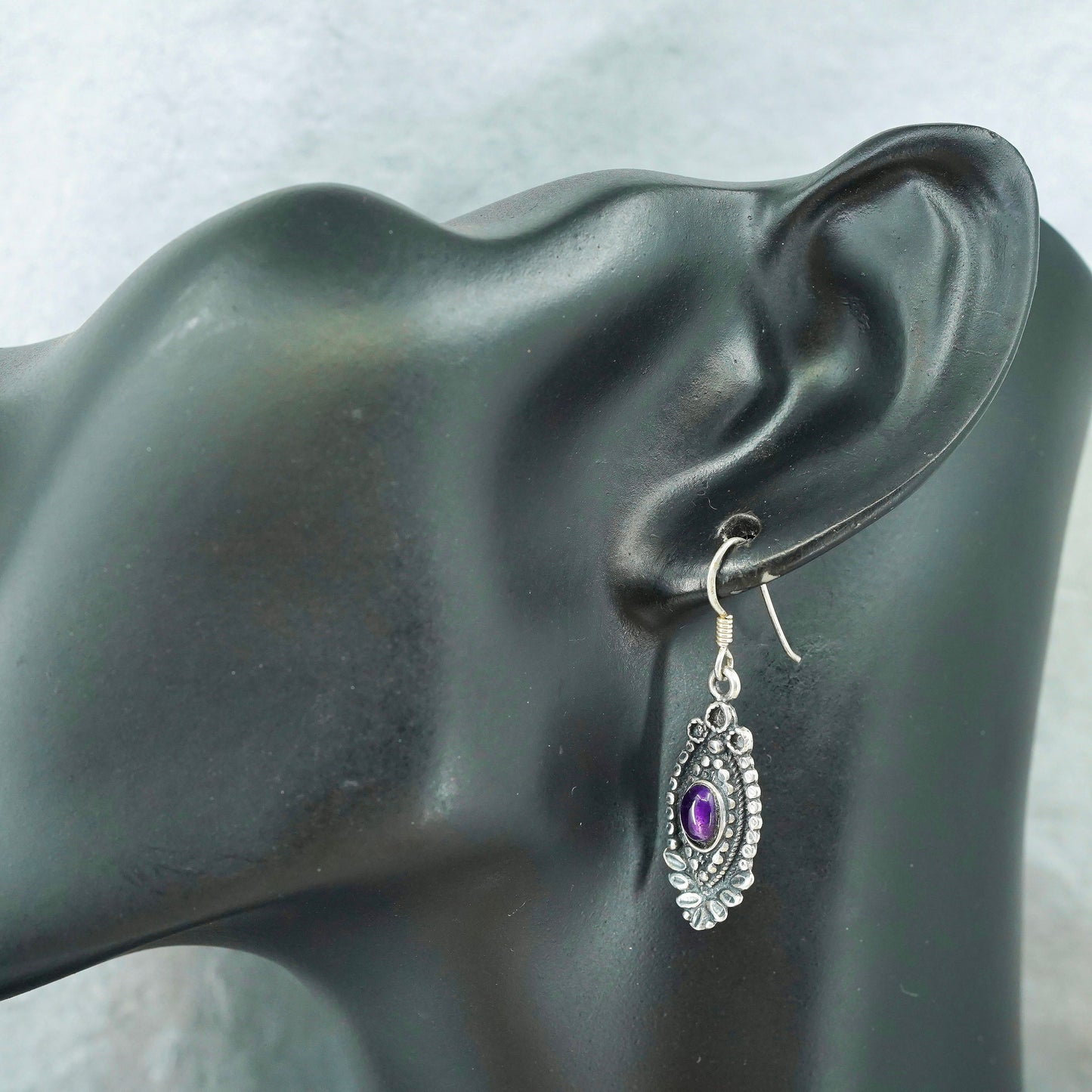 Vintage jewelry | Sterling 925 silver handmade leafy earrings with amethyst