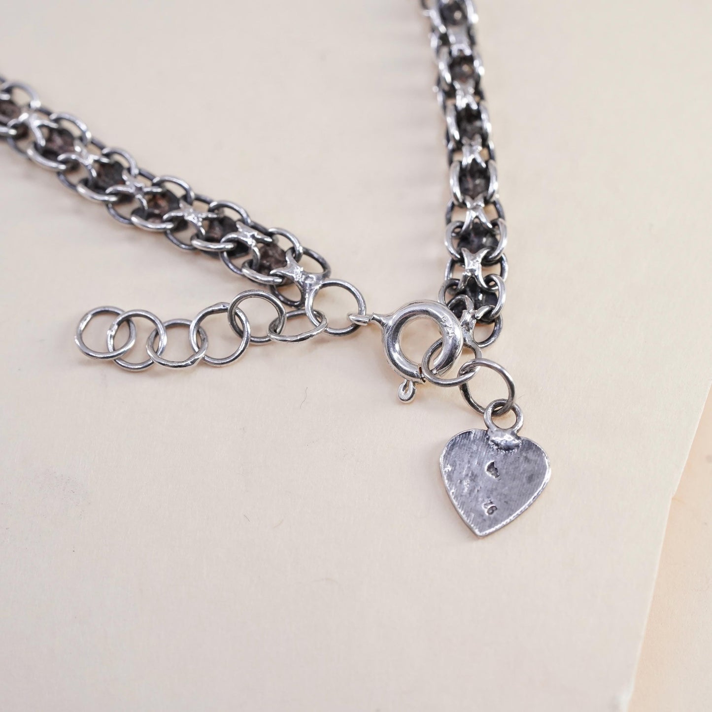 9+1”, Vintage sterling 925 silver bracelet anklet, Italy heart link chain