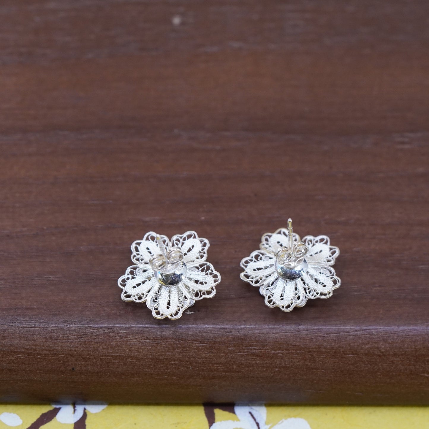 Vintage Sterling silver handmade earrings, filigree 925 heart studs