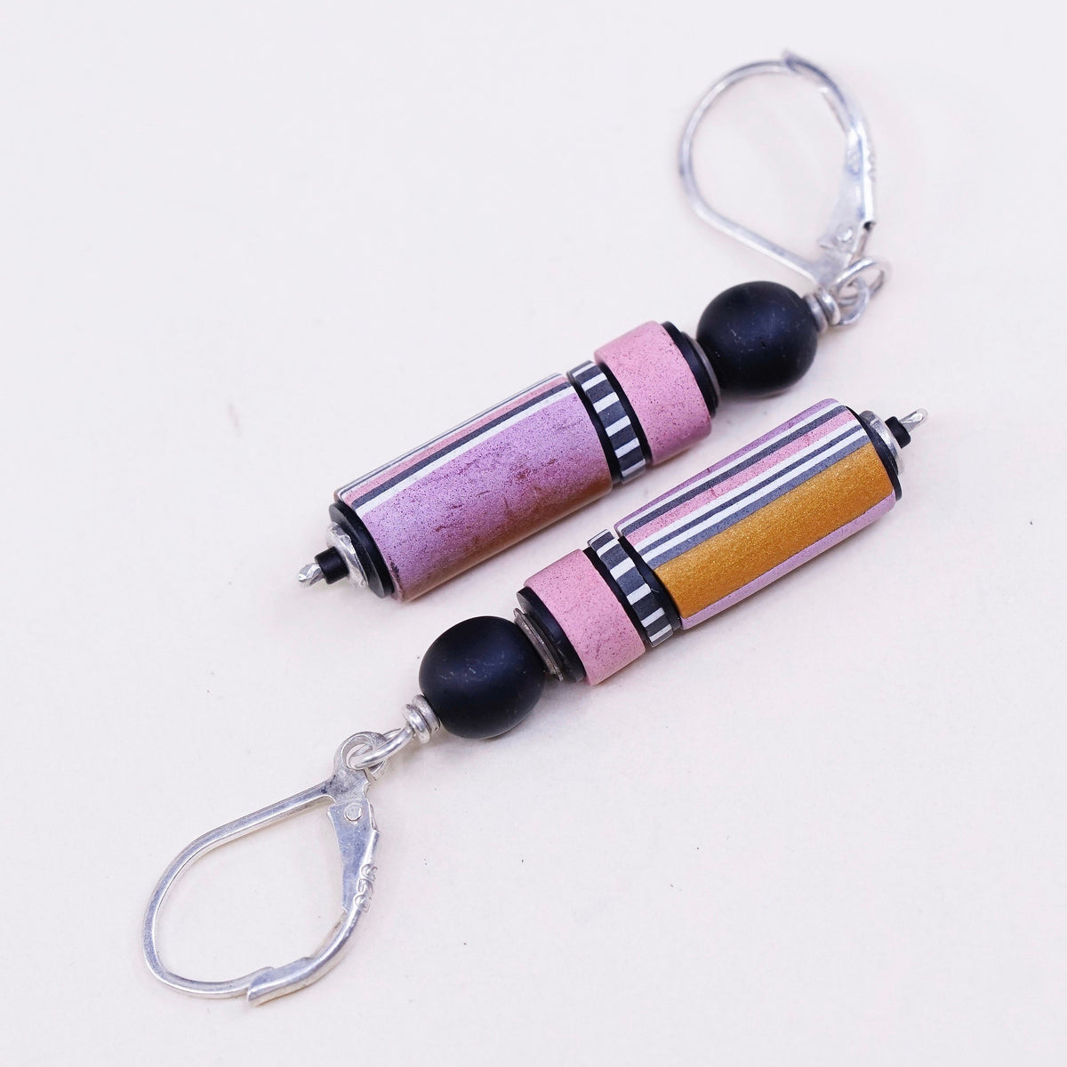 Vintage Sterling silver handmade earrings, 925 hooks with pink tube
