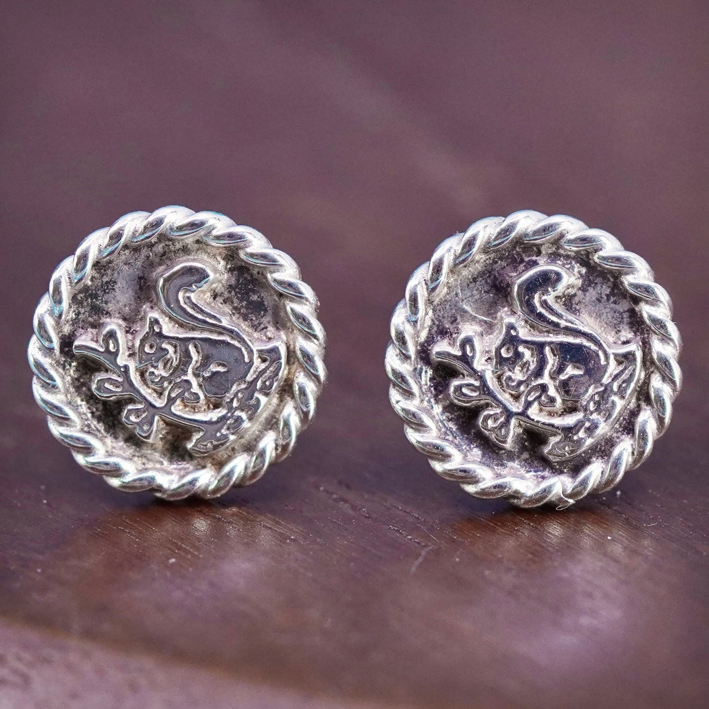 southwestern Sterling silver handmade earrings, 925 squirrel embossed studs