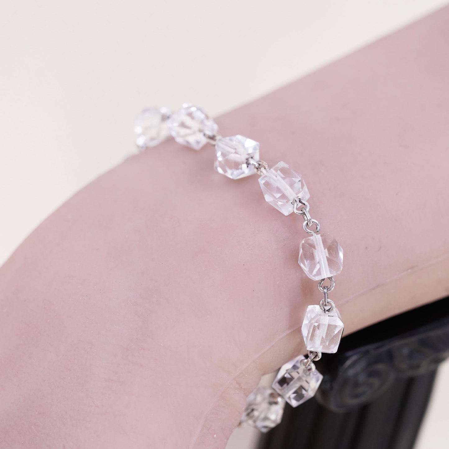 7”, sterling 925 silver crystal bead bracelet Virgin Mary cross metal charms
