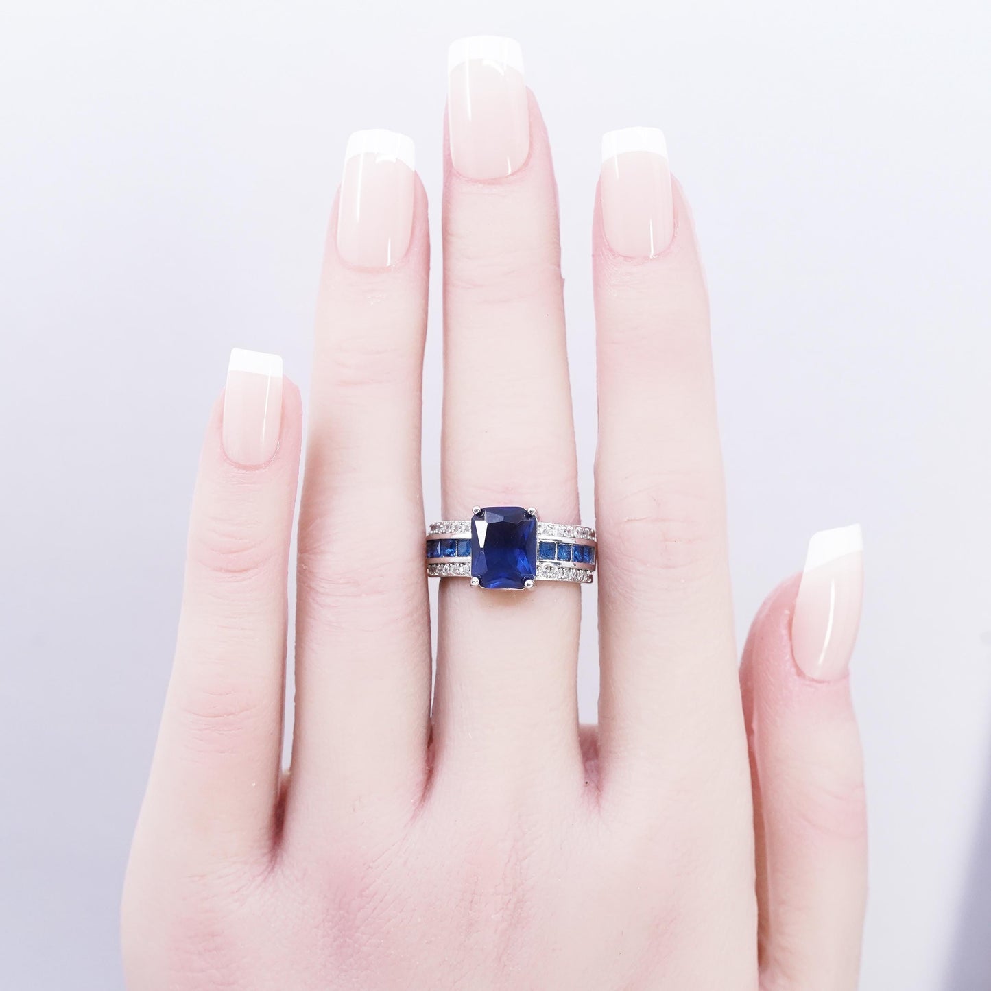 size 6, Sterling Silver Ring, 925 Ring emerald cut blue Sapphire glass cz