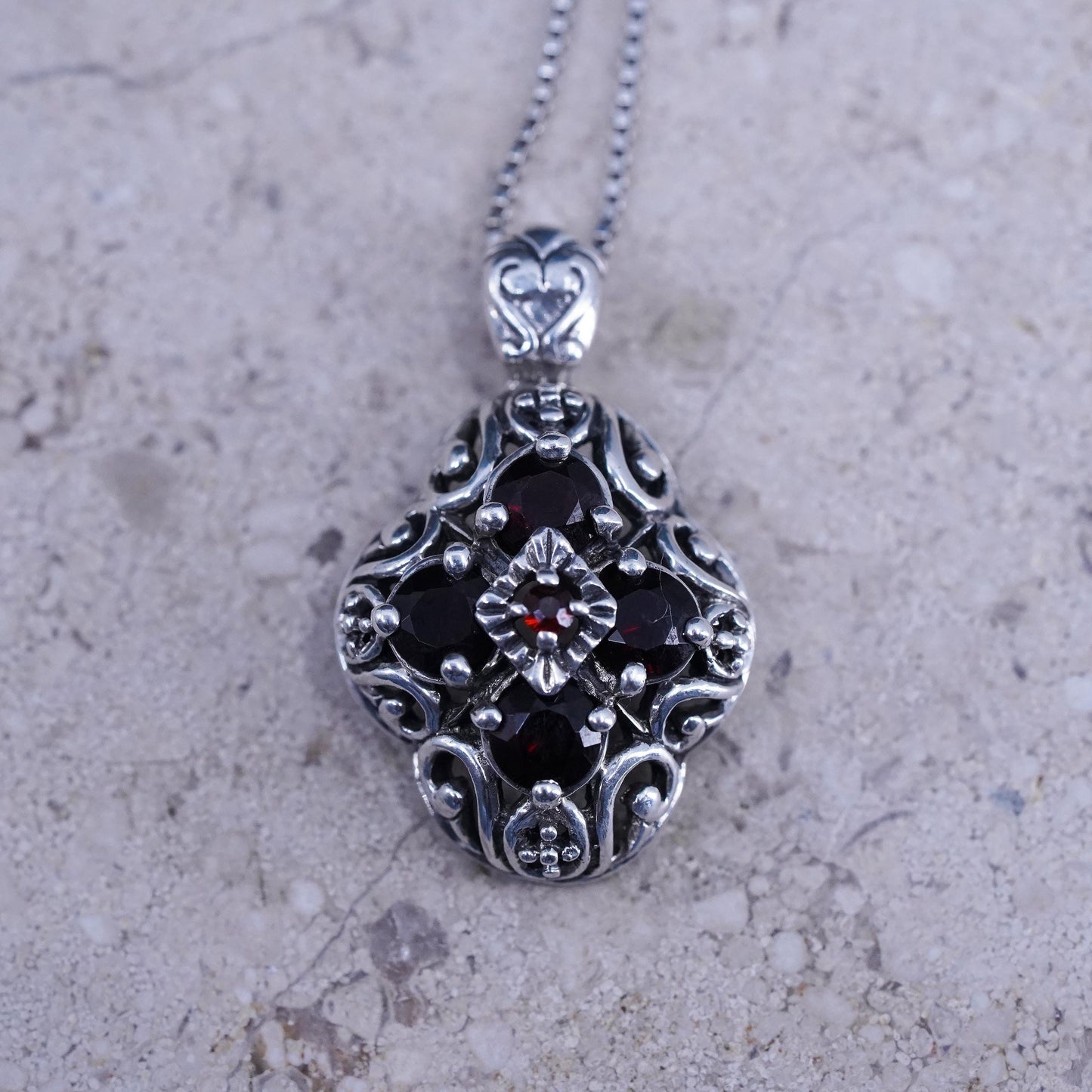18", Sterling silver handmade necklace, 925 box chain filigree garnet pendant