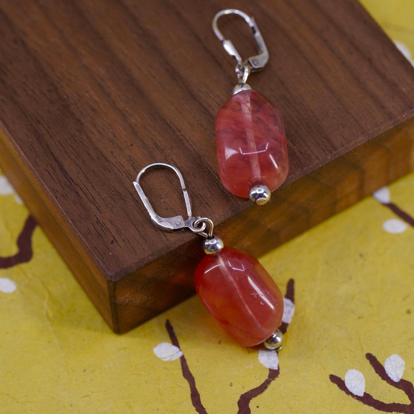 Vintage Sterling 925 silver handmade earrings with pink cherry quartz