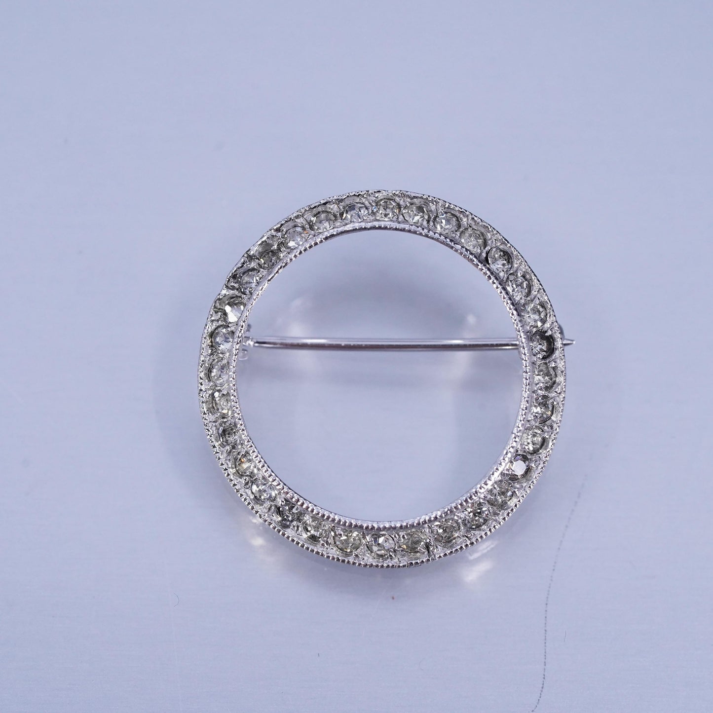 Vintage sterling silver handmade brooch, 925 circle pin with cluster cz