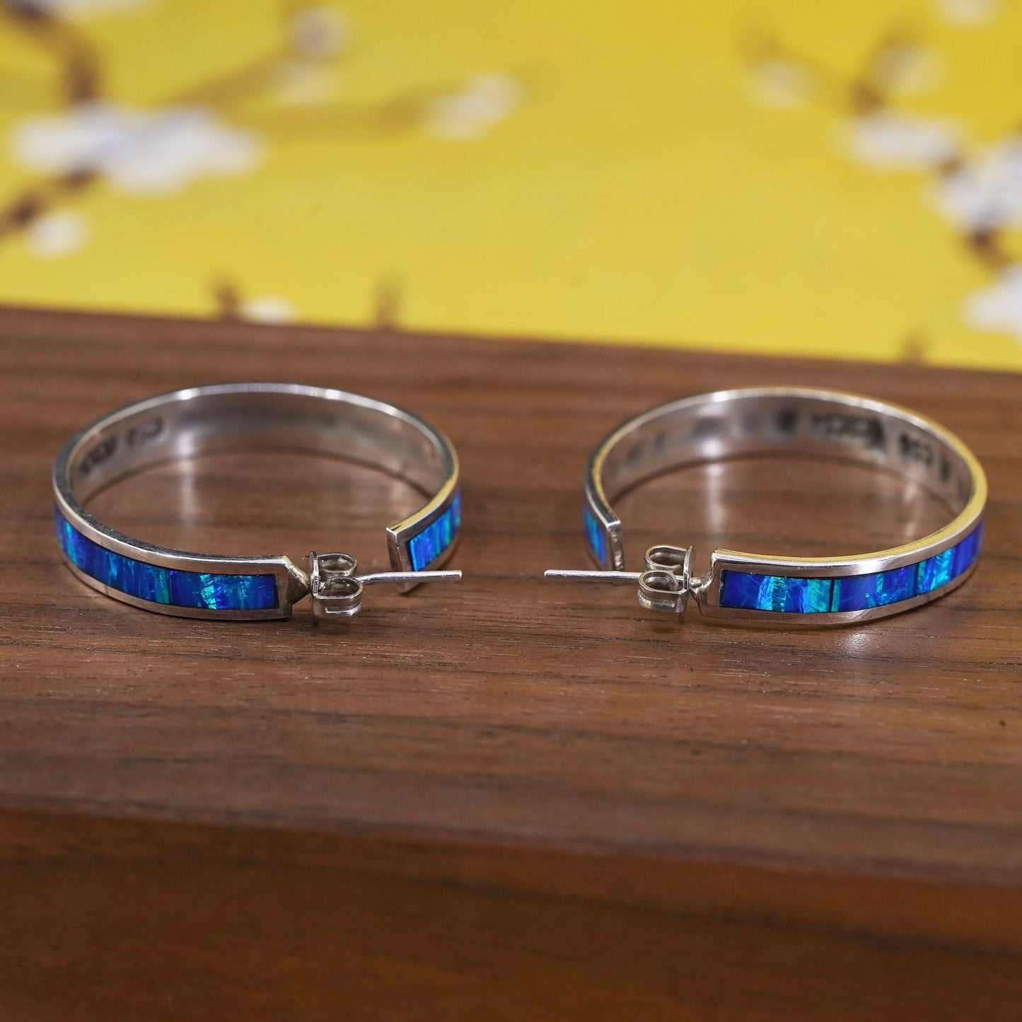 0.75", vintage Mexican Sterling silver huggie earrings, 950 hoops w/ blue opal