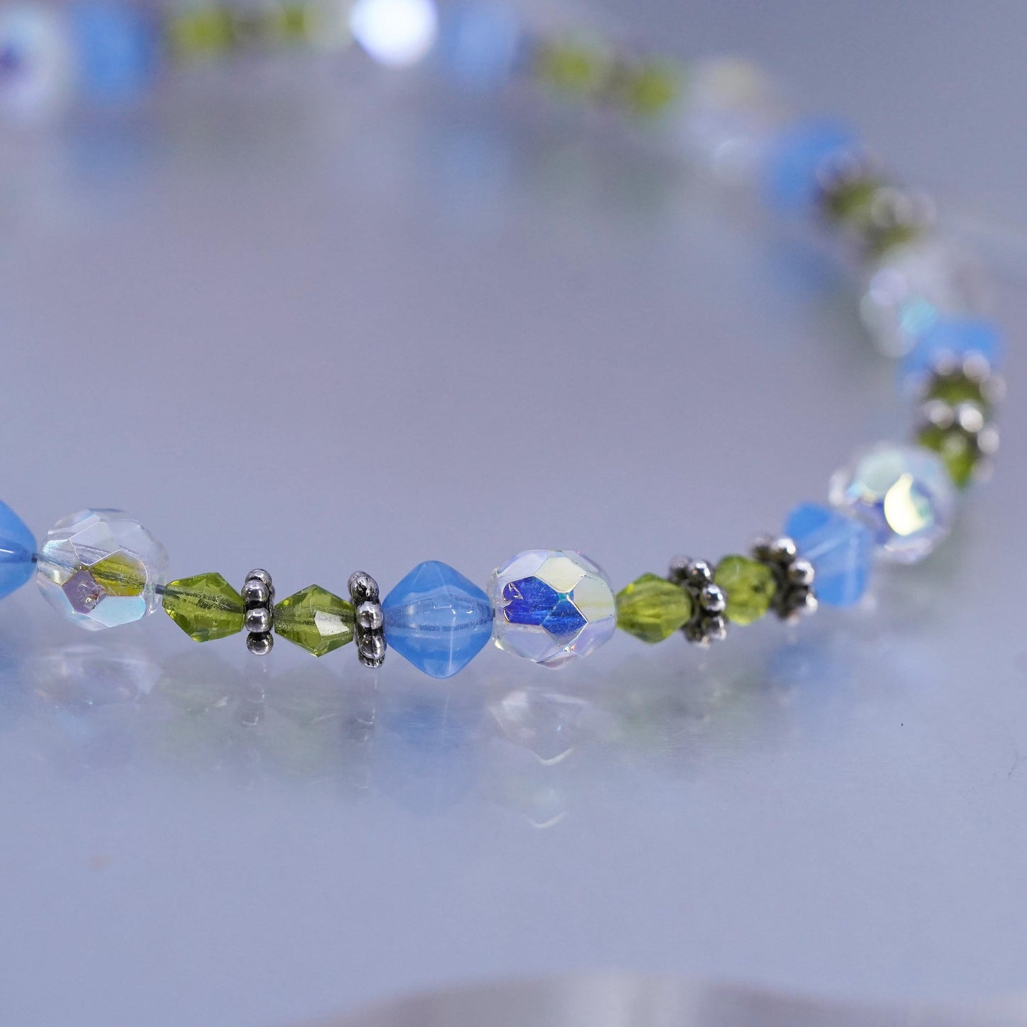 8.75", Sterling 925 Silver Bead Bracelet, green crystal chain ice cream charm