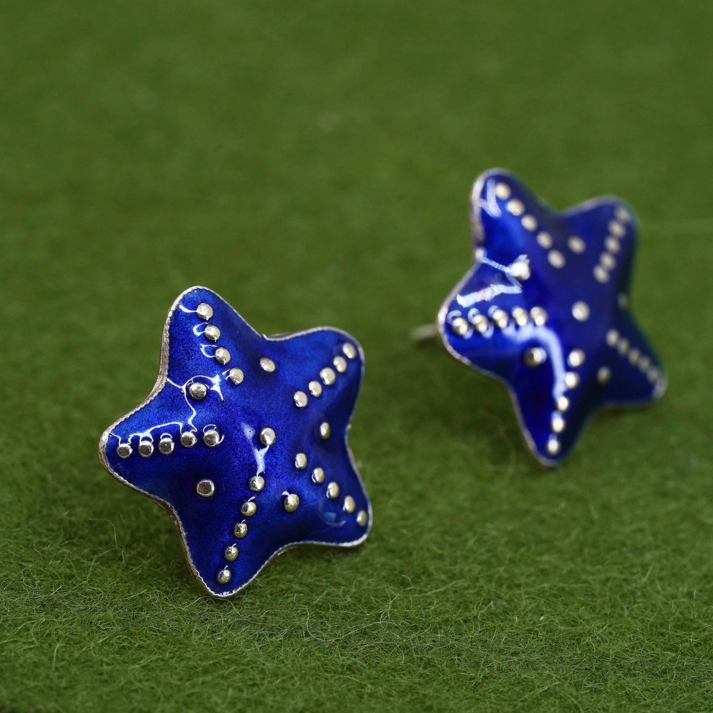 vermeil gold over Sterling silver handmade earrings, 925 star studs blue enamel