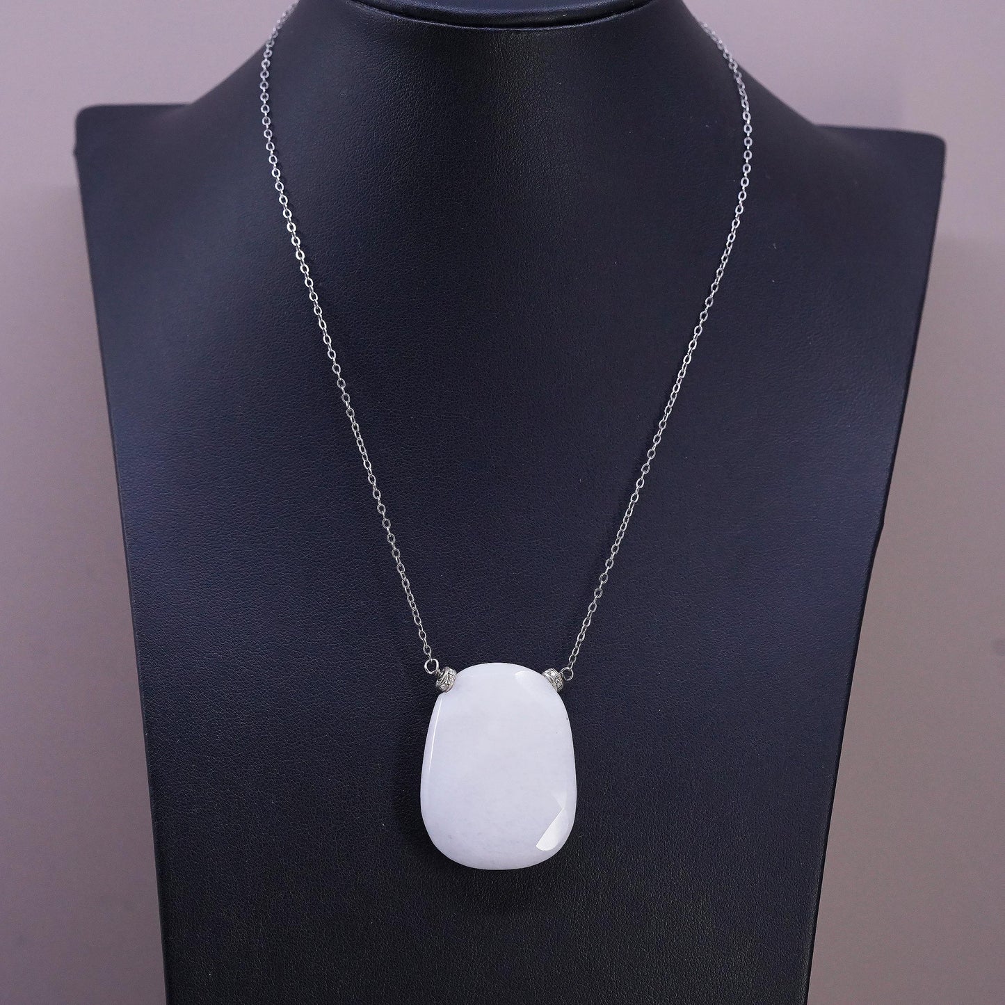 16", VTG Faceted Natural White Jadeite Jade Necklace Sterling Silver 925 Chain