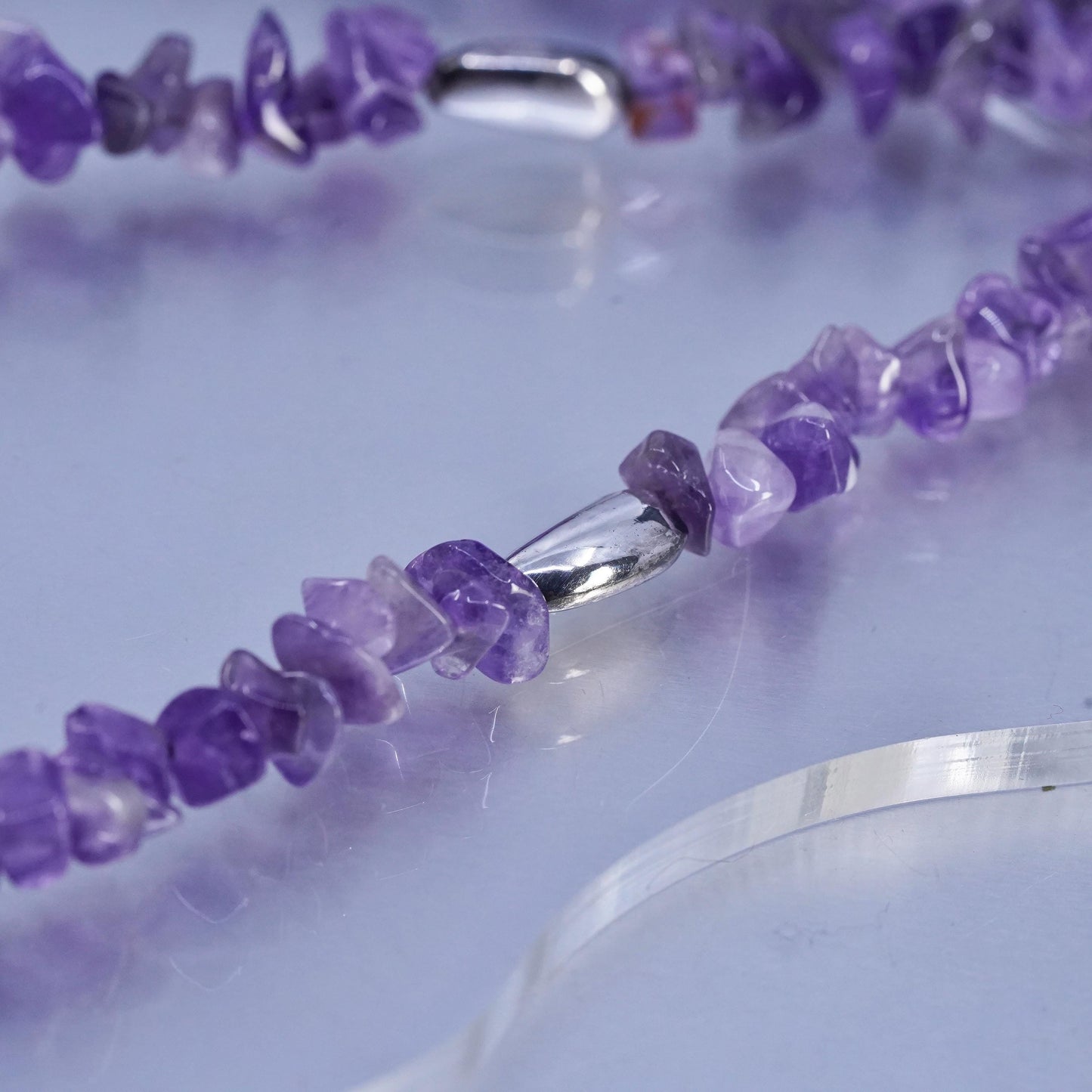 40”, Vintage sterling 925 silver handmade extra long necklace w/ amethyst beads