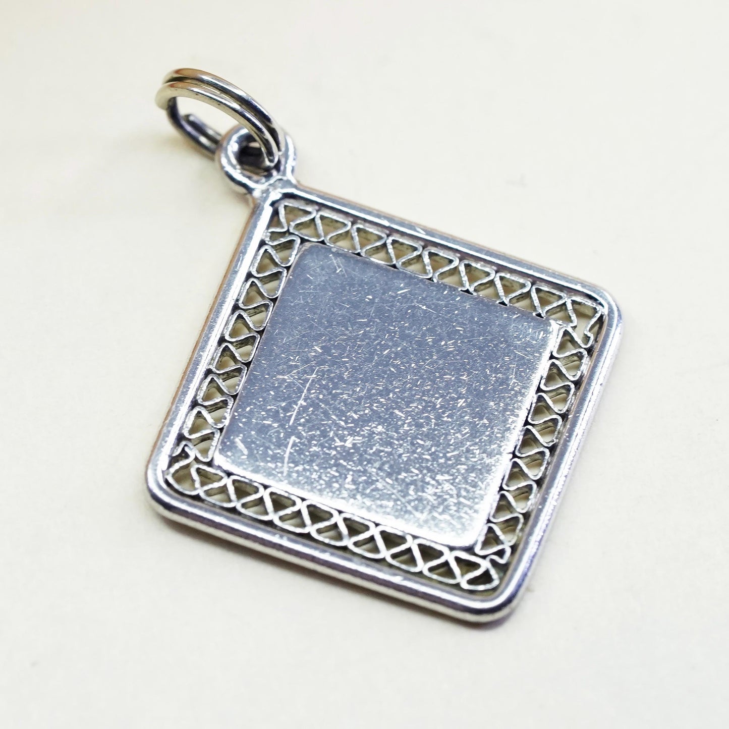 Vintage sterling silver charm, 925 filigree silver blank square tag
