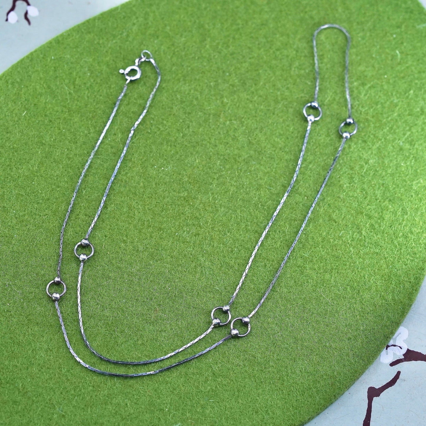 24" 1mm, Vintage sterling silver necklace, Italy 925 snake chain with beads