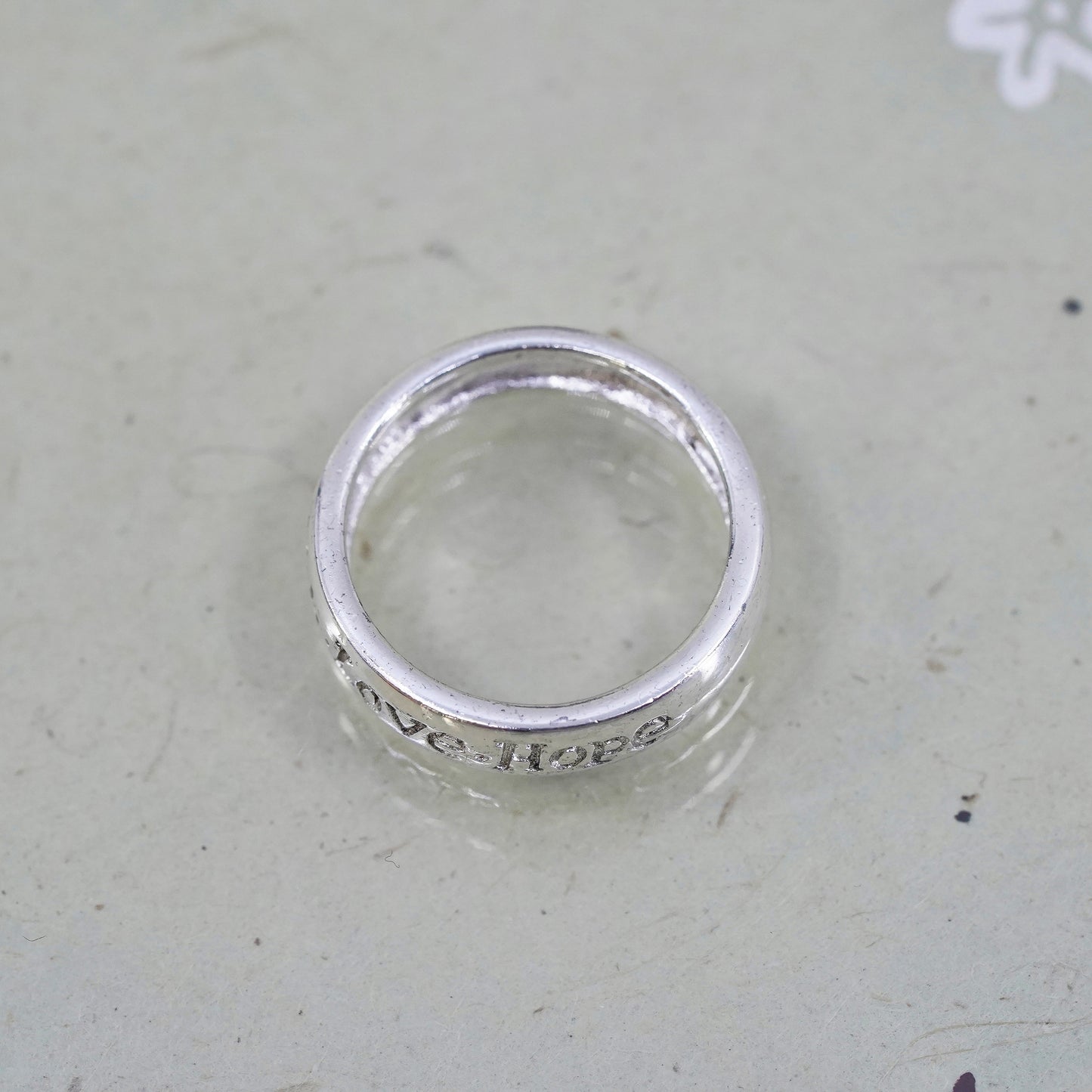 Size 6, Vintage sterling silver ring, 925 quote band engraved "faith love hope"