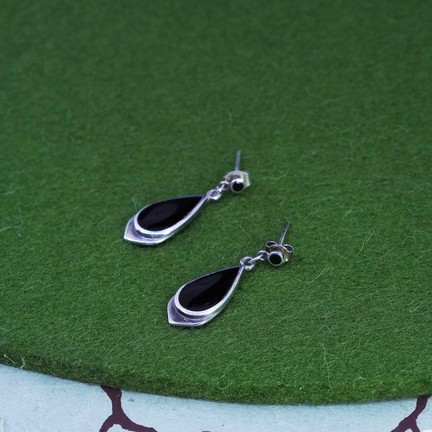 vtg sterling 925 silver earrings, teardrop black onyx, handmade southwestern