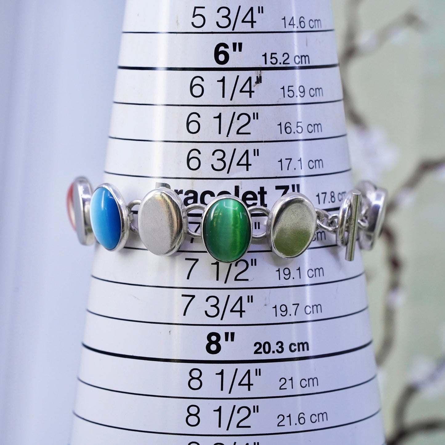 7", Mexican 925 sterling silver bracelet with colorful cats eye toggle closure