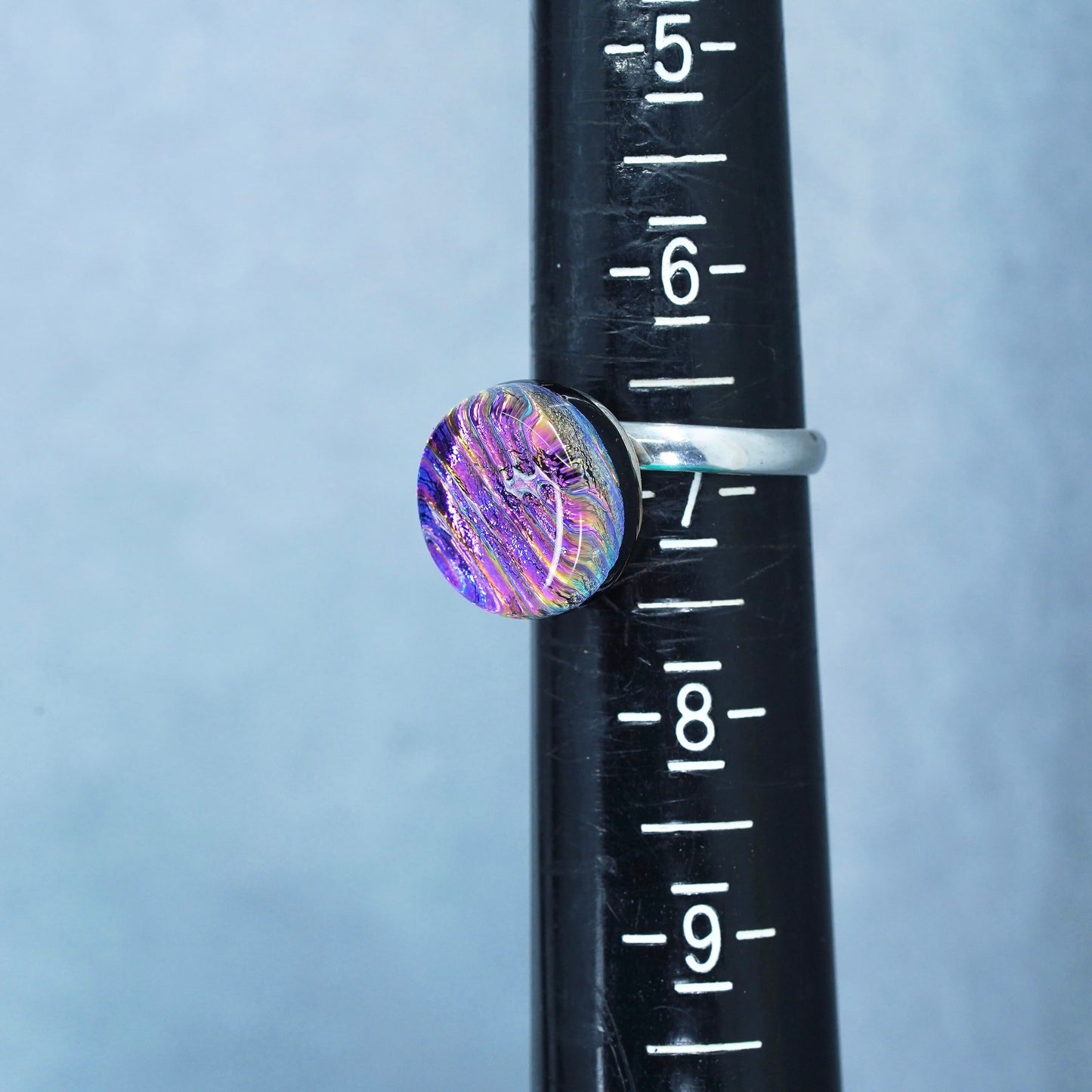Size 6.75, w/ Sterling 925 silver handmade cocktail ring with pink foiled glass