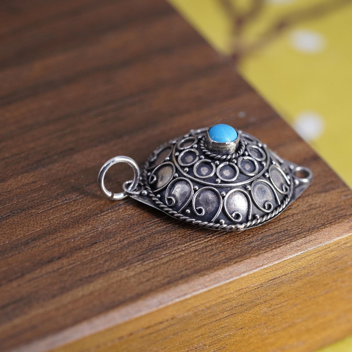 Mexican Sterling Silver Turquoise Pendant, 925 Boho Charm, Oxidized Filigree