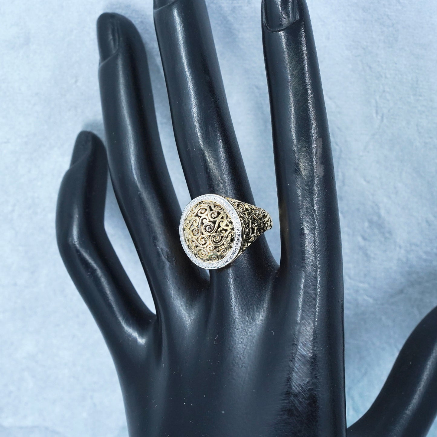 Size 7, vermeil gold over Sterling 925 silver filigree ring w/ diamond details