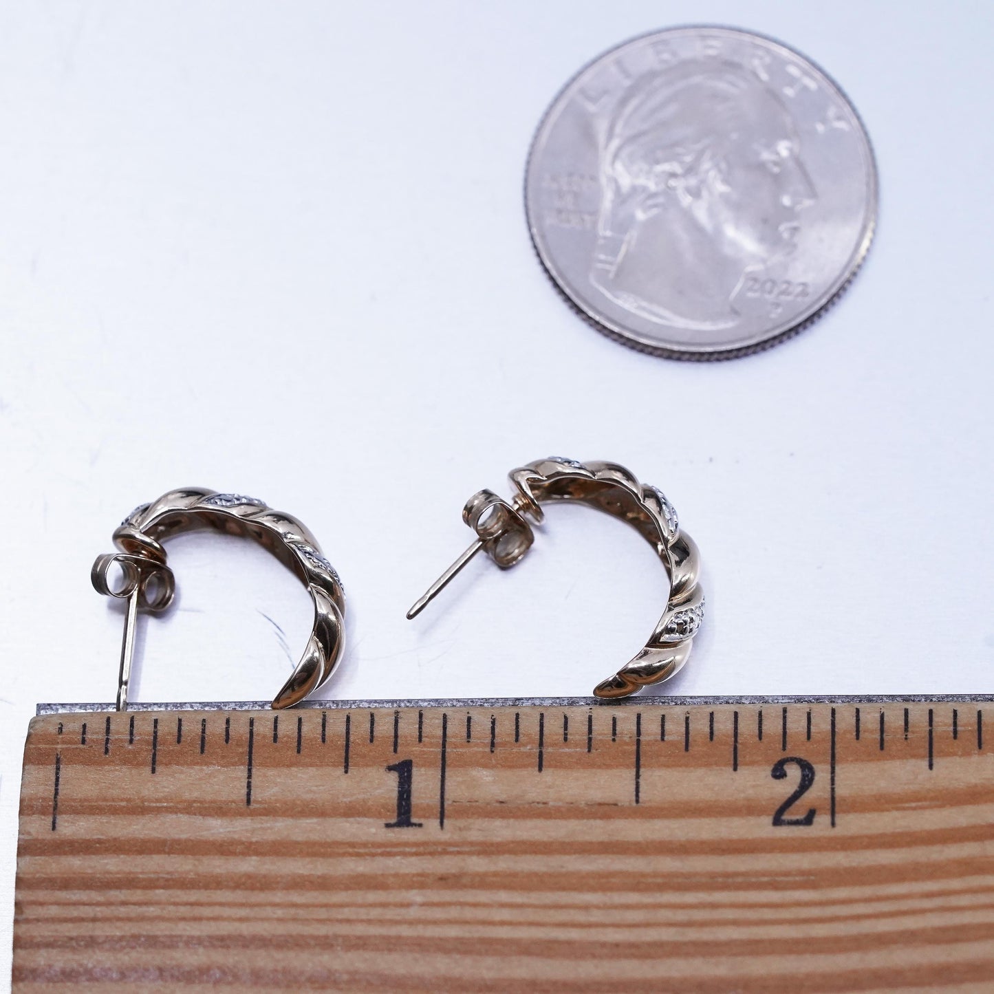 0.75", vermeil gold plated Sterling silver earrings, 925 huggie studs diamonds