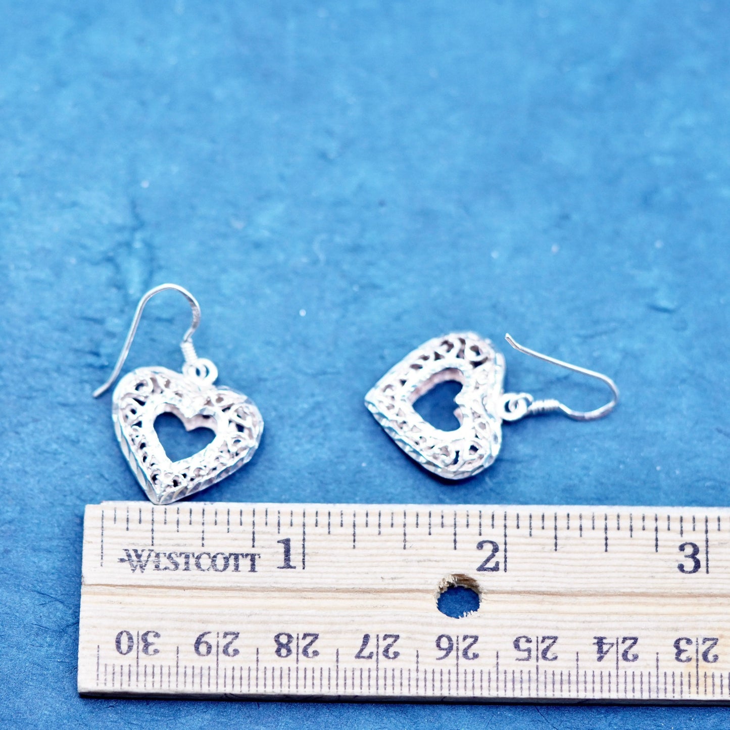 Vintage Sterling silver handmade earrings, 925 filigree heart drops