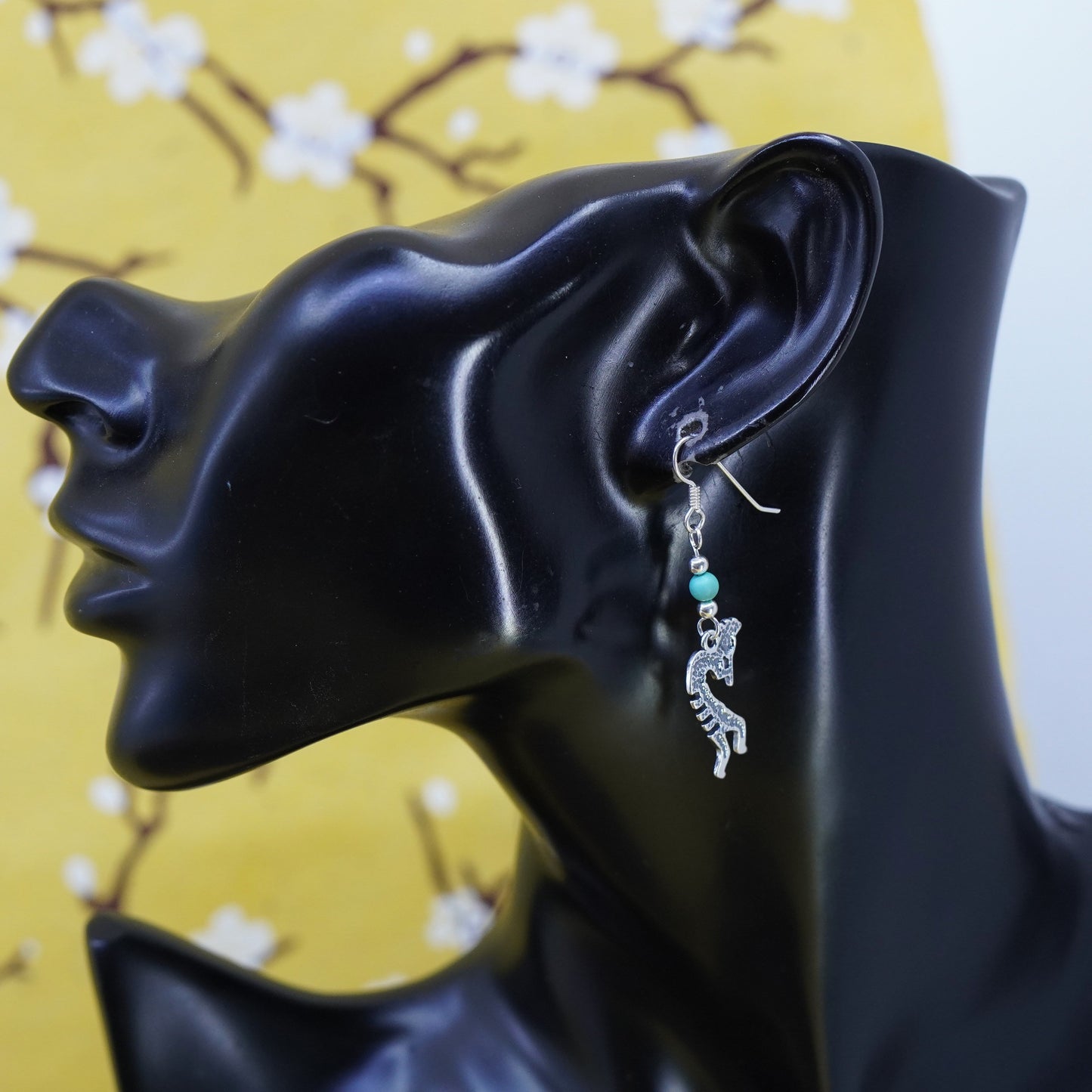 Native American Sterling silver earrings, 925 Kokopelli drops w/ turquoise bead