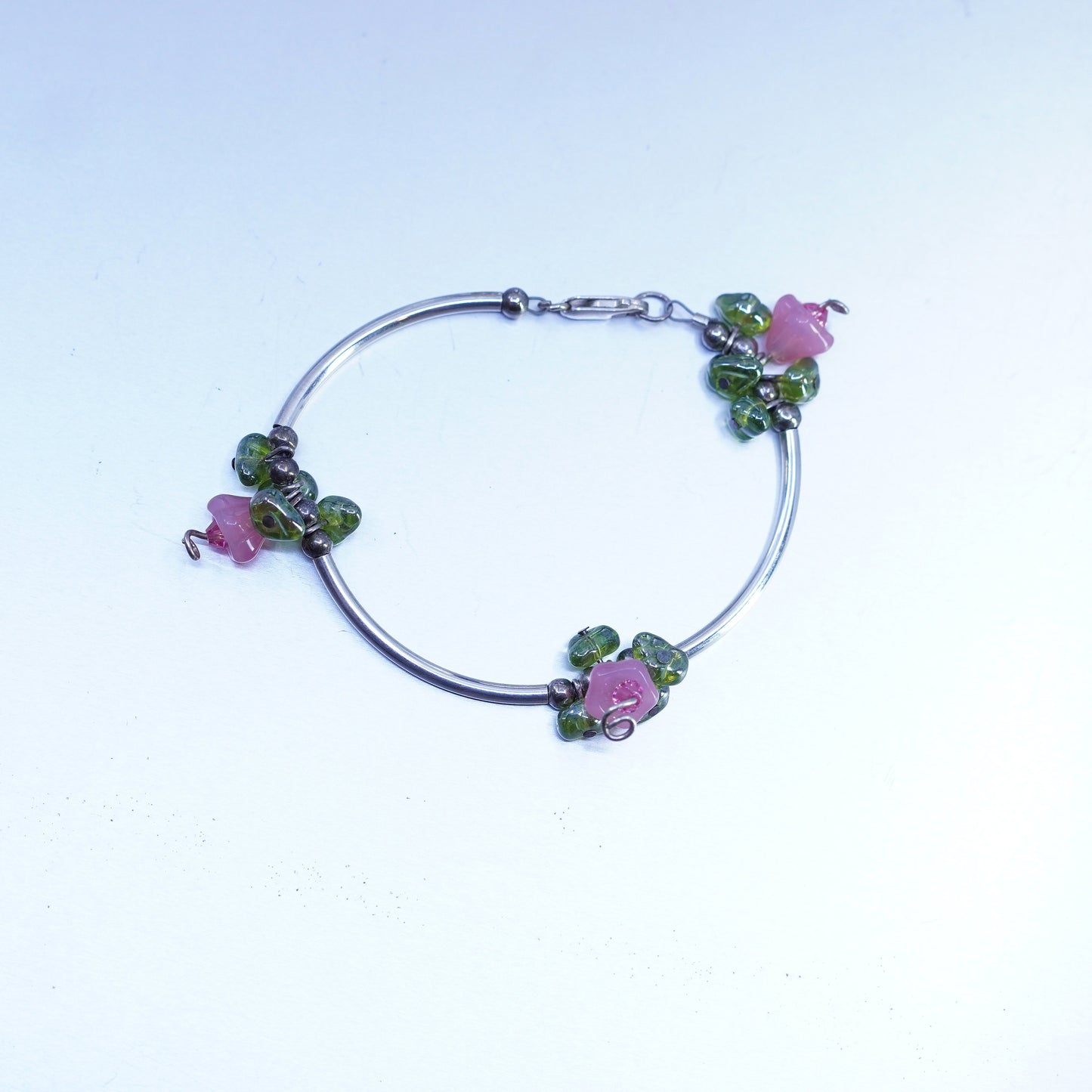 7.25”, vintage Sterling 925 silver curve tube bracelet with pink green glass