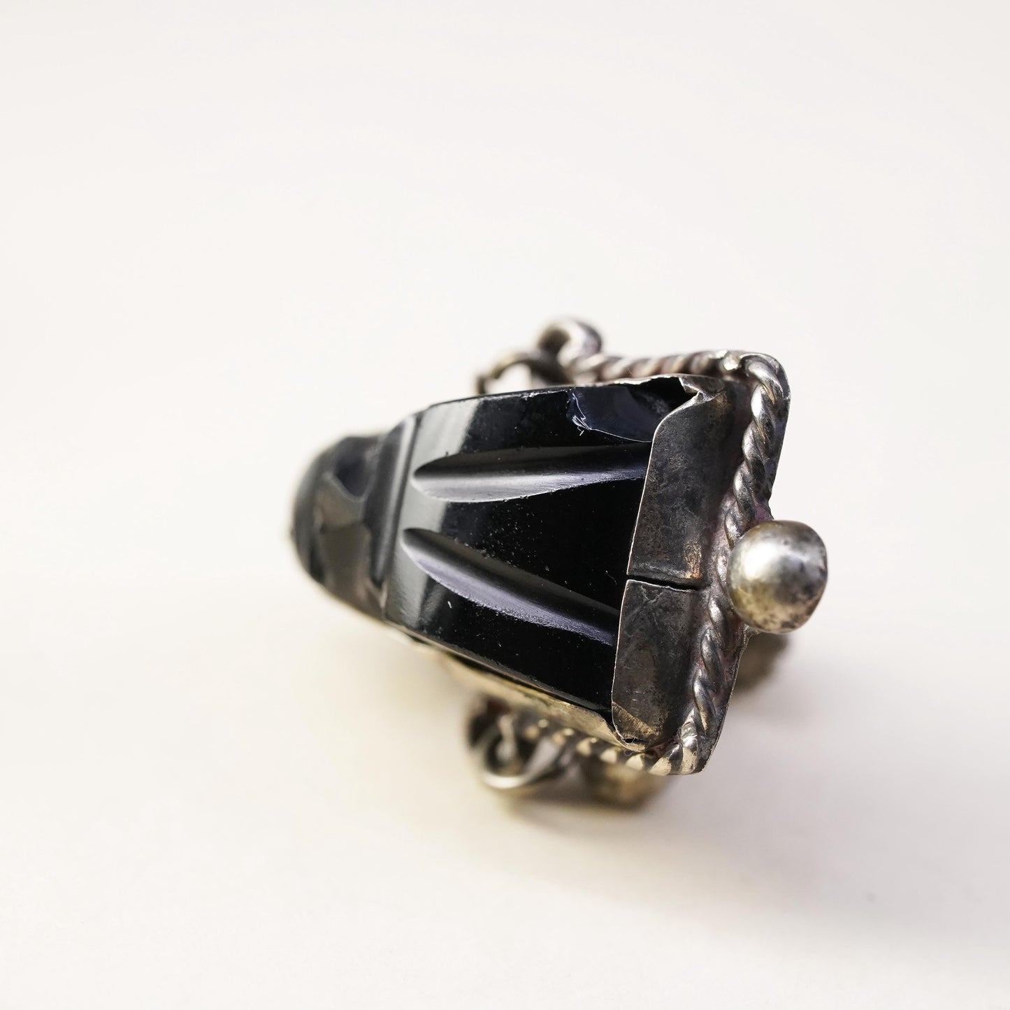 Mexican sterling silver single earring, 925 screw back Carved Warrior Onyx