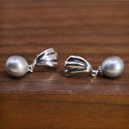 Vintage Sterling silver handmade earrings, 925 shell studs w/ gray pearl drops