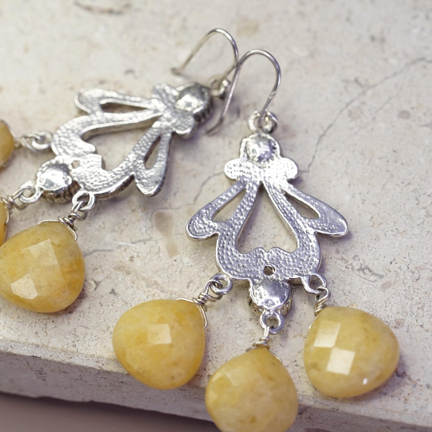 Vintage Sterling 925 silver handmade filigree earrings with teardrop citrine