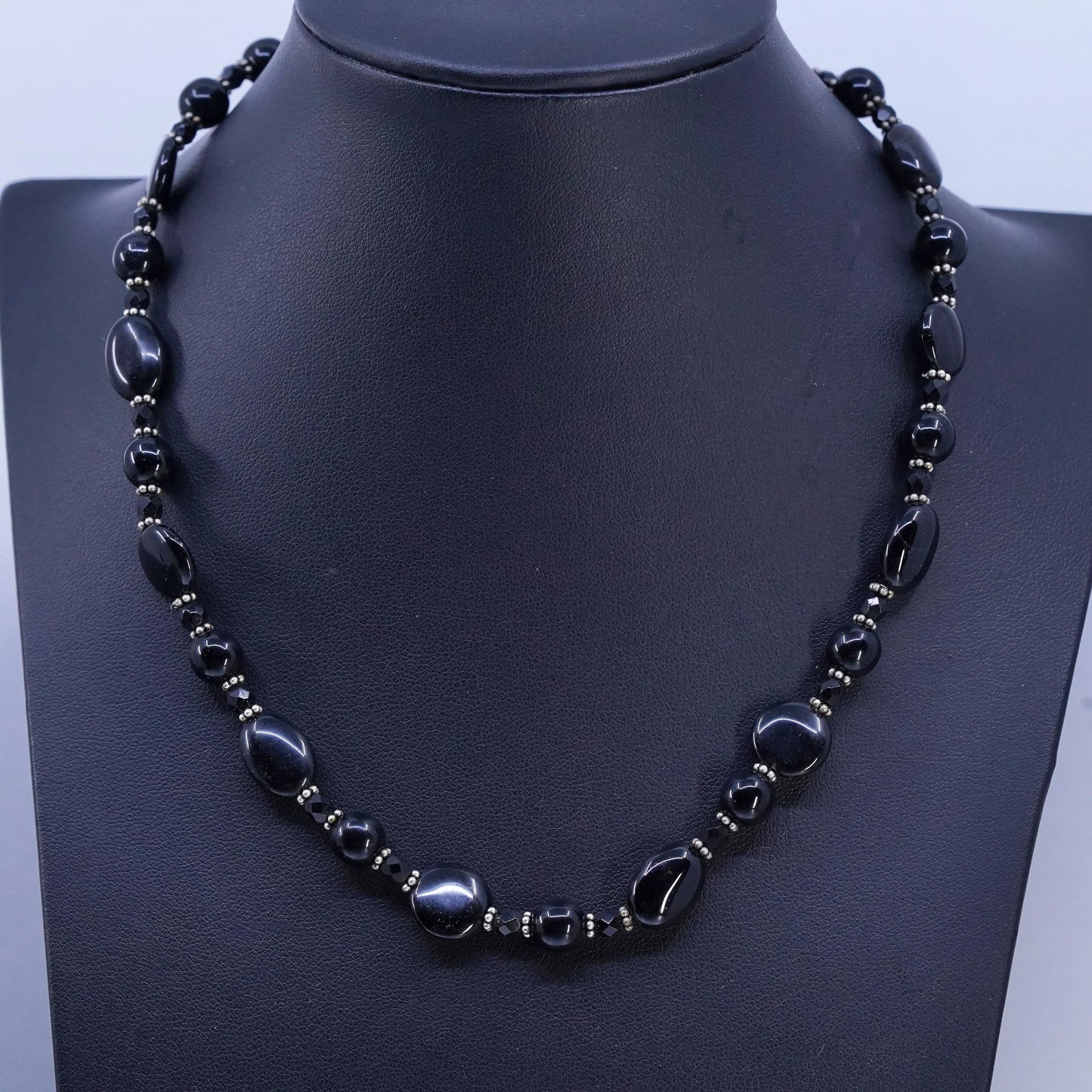 16+2", vintage southwestern Sterling 925 silver handmade onyx chain necklace