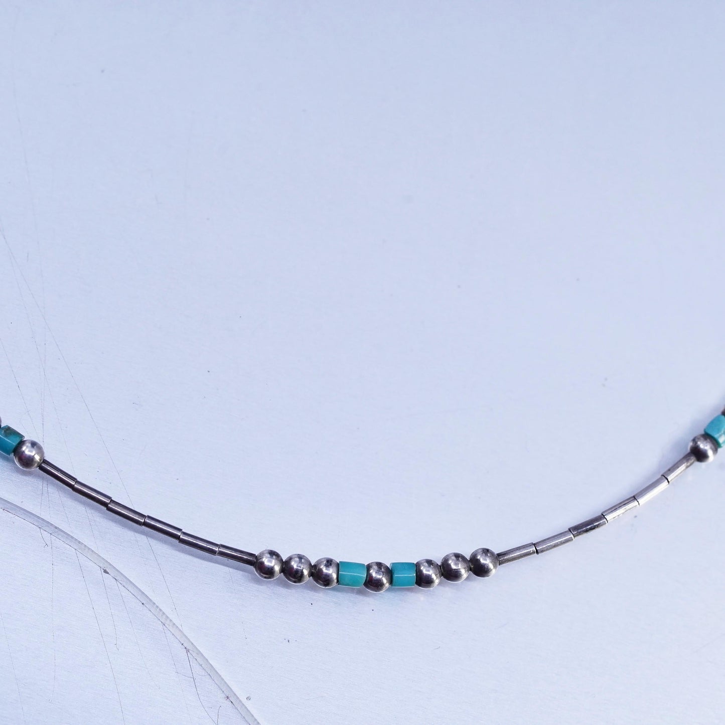 14", Native American Sterling 925 liquid silver necklace with turquoise beads