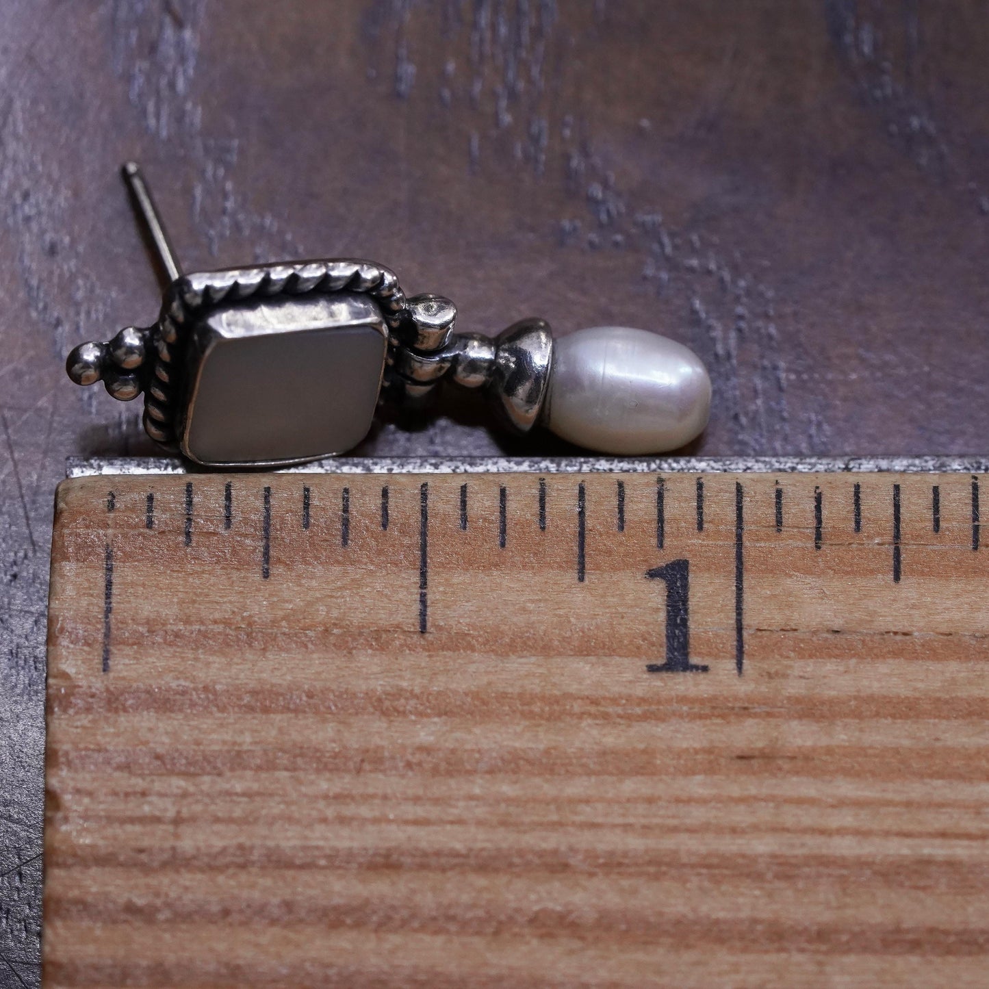 VTG sterling 925 silver single earring with mother of pearl square and pearl
