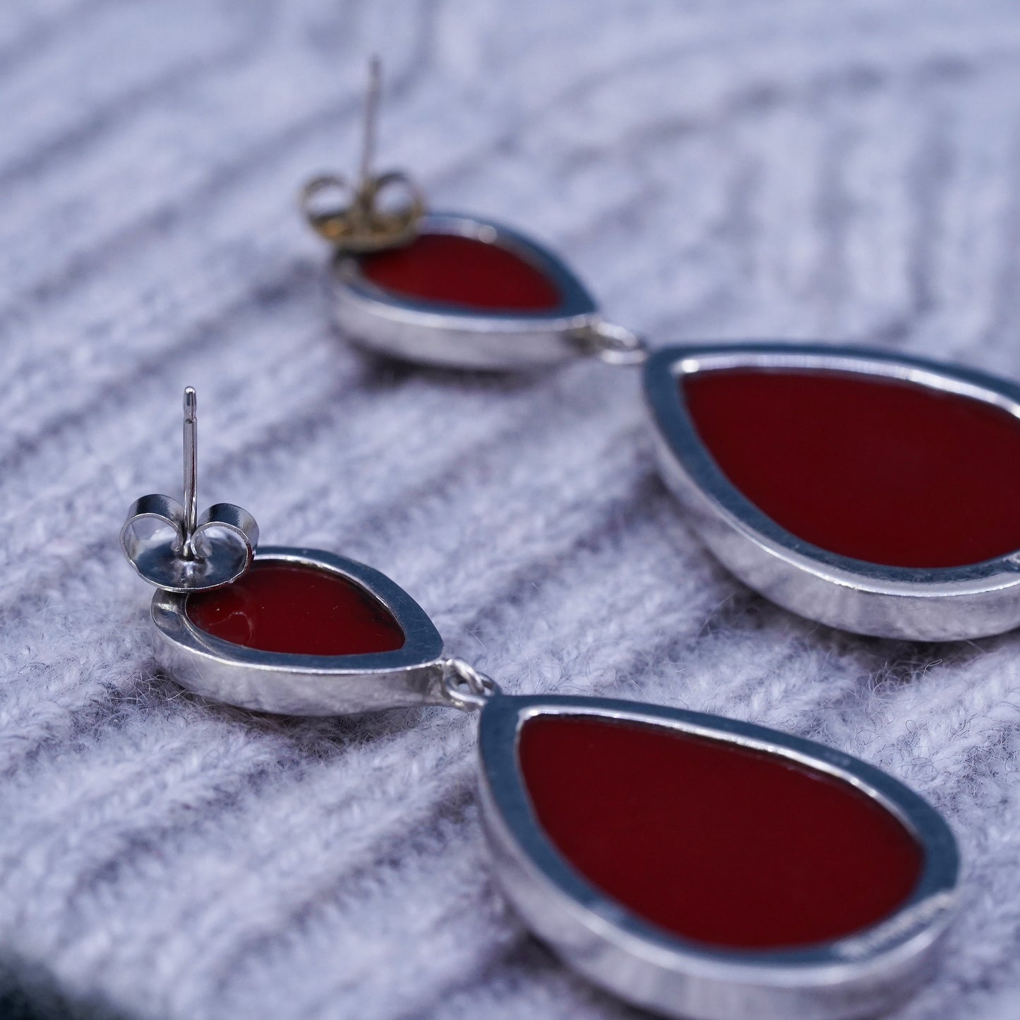 Vintage Sterling silver handmade earrings, 925 teardrop drops with red jasper
