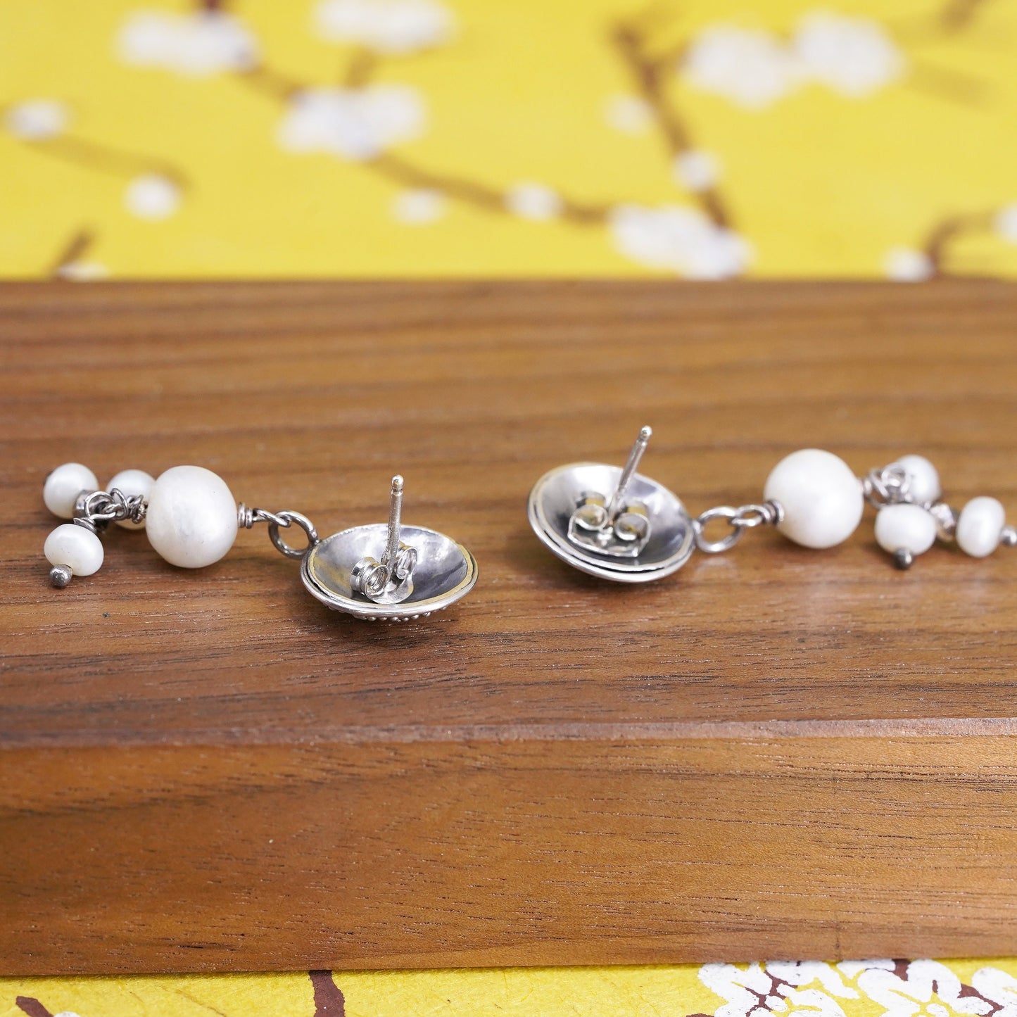 sterling silver earrings with 14K gold dot, bali 925 discs with pearl beads