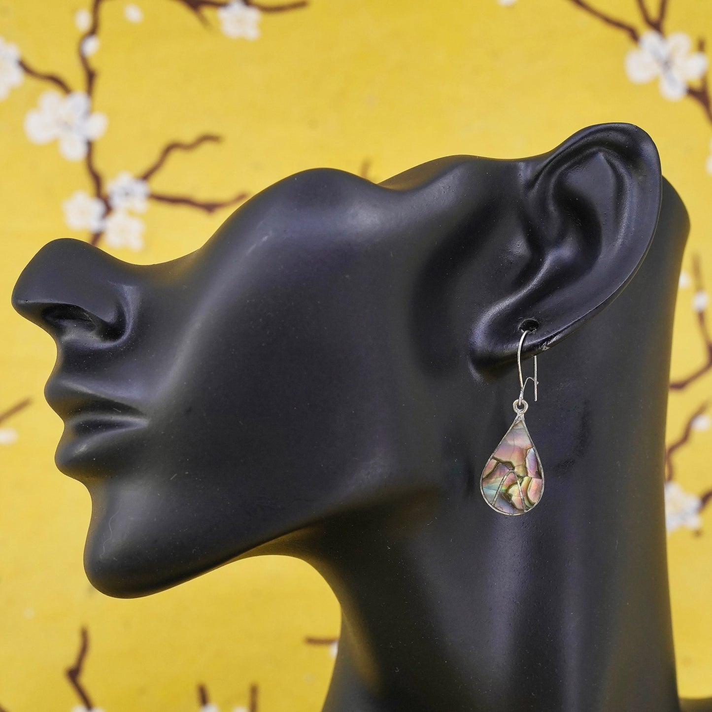Vintage Sterling silver handmade earrings, 925 teardrop dangle with abalone