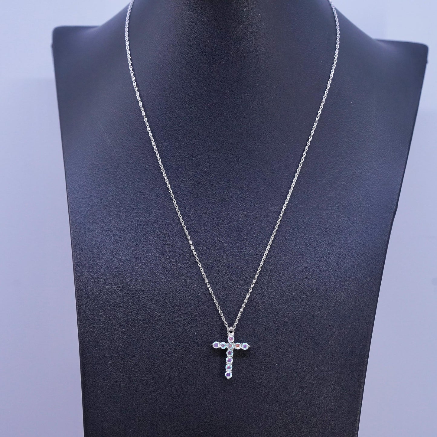 18" Sterling silver necklace, 925 Singapore rope chain AB crystal cross pendant