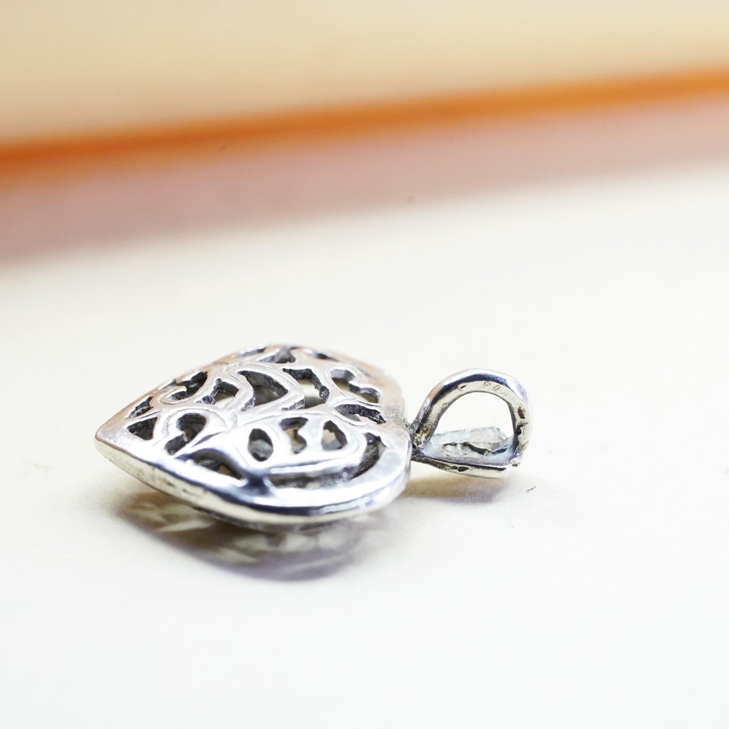 vintage sterling silver handmade pendant, 925 filigree heart