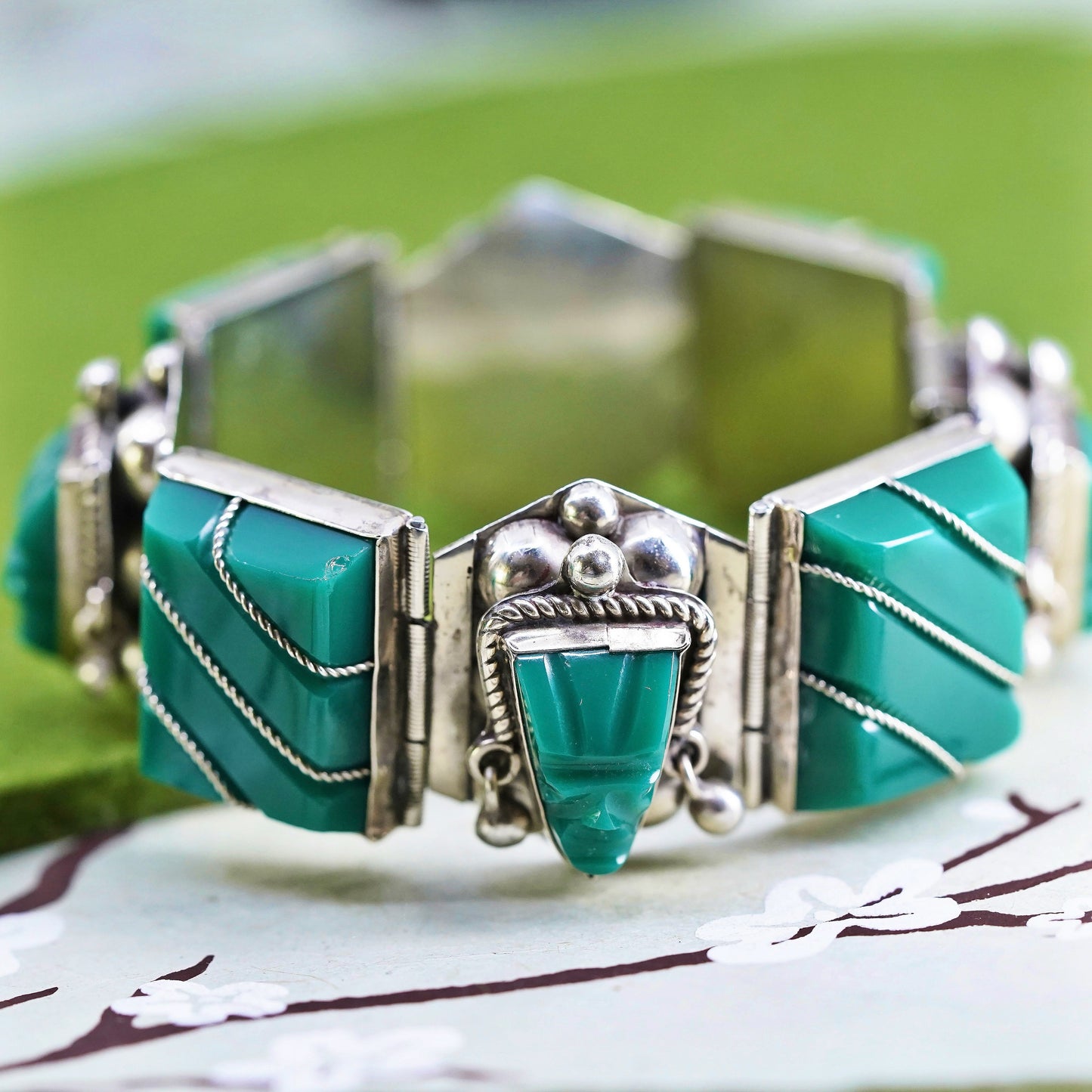 6.25", taxco vintage sterling silver bracelet, 925 cuff warrior face jade