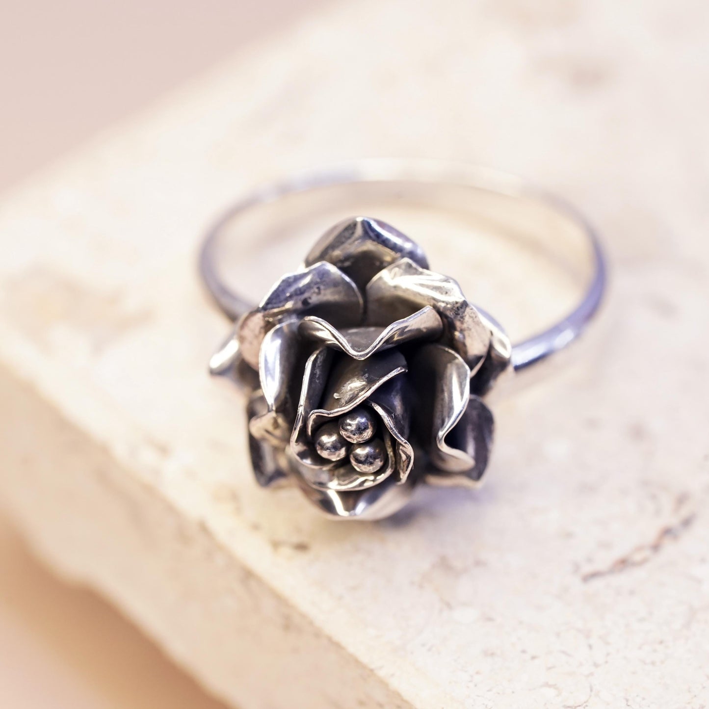 Size 8.5 adjustable, vintage Mexican Sterling silver ring, 925 rose flower band