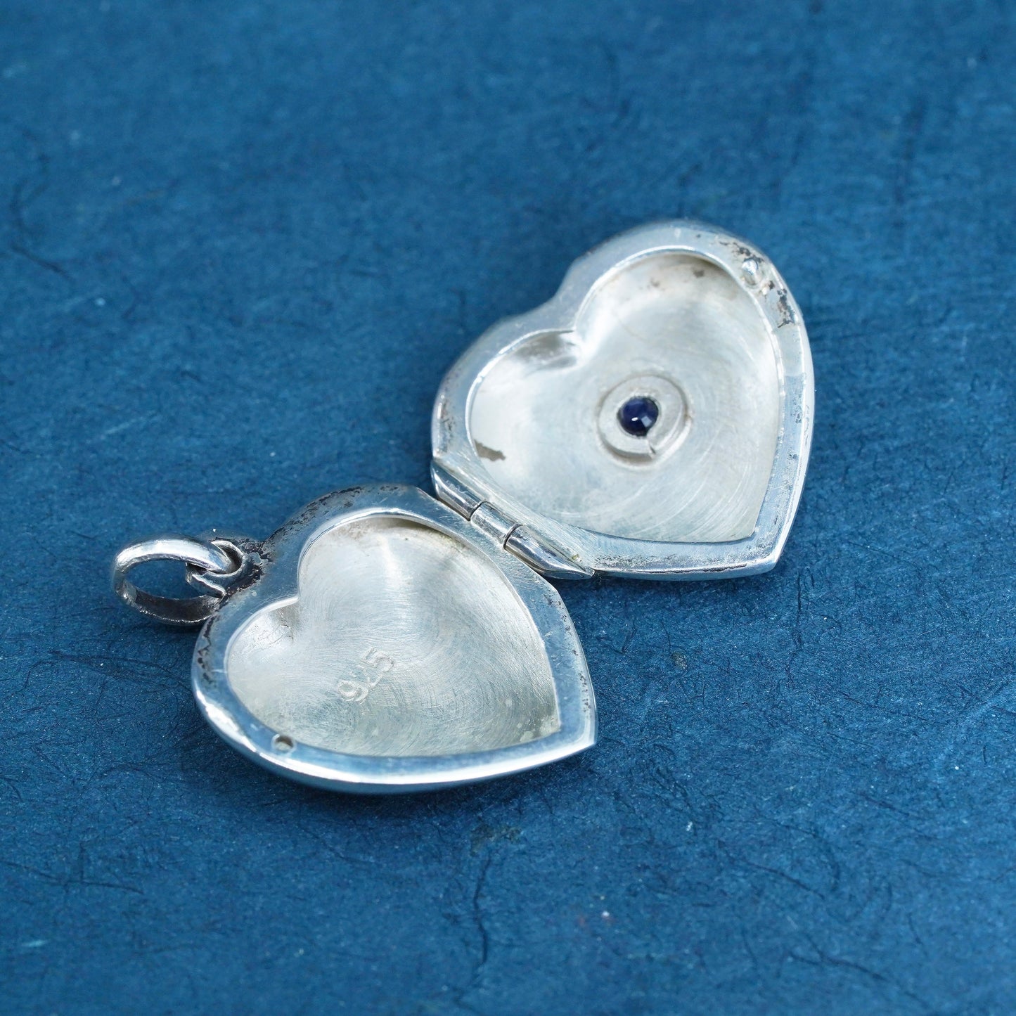 Vintage Sterling silver handmade pendant, 925 photo locket with sapphire center
