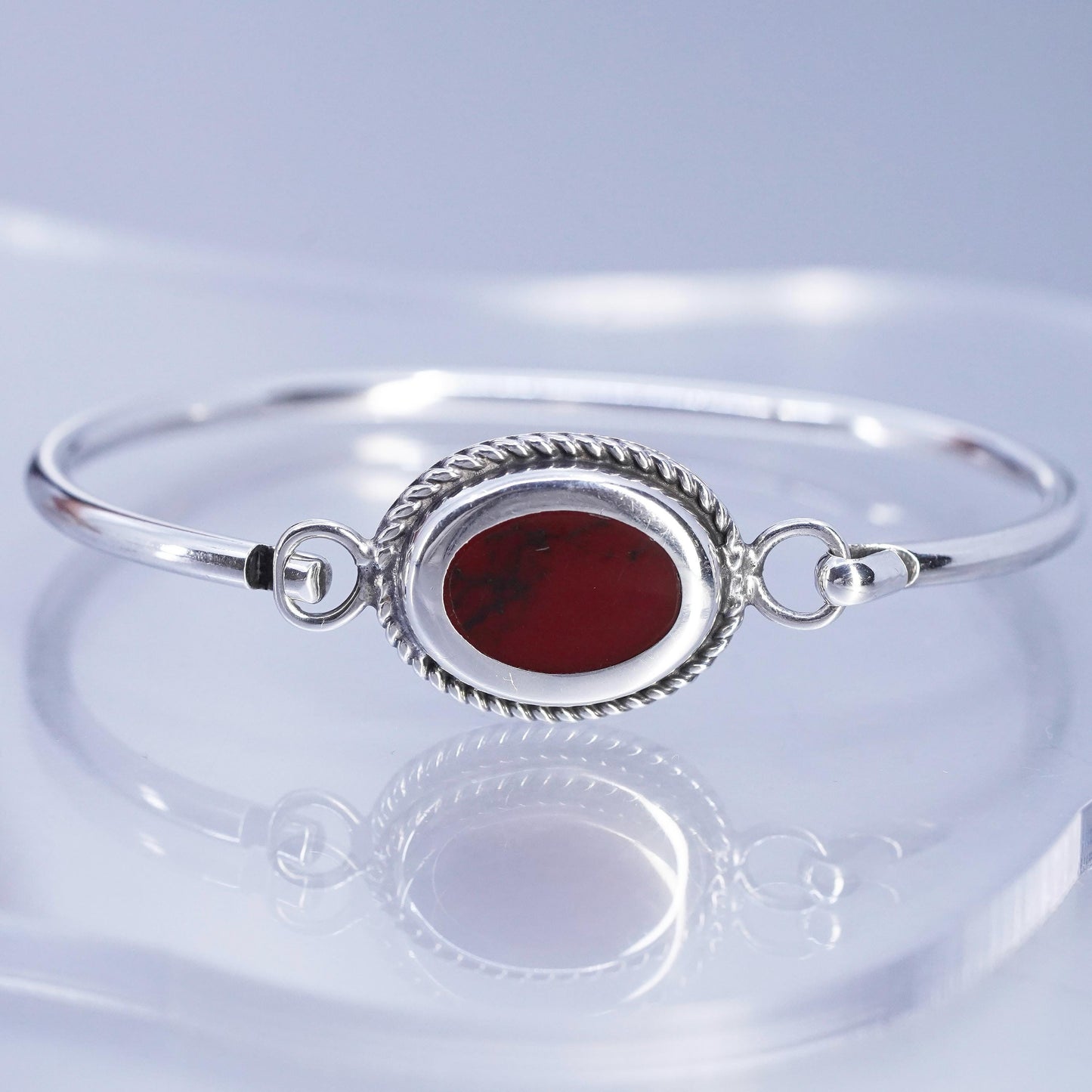 7.25”, Mexican Sterling 925 silver bracelet, hinged bangle with red jasper