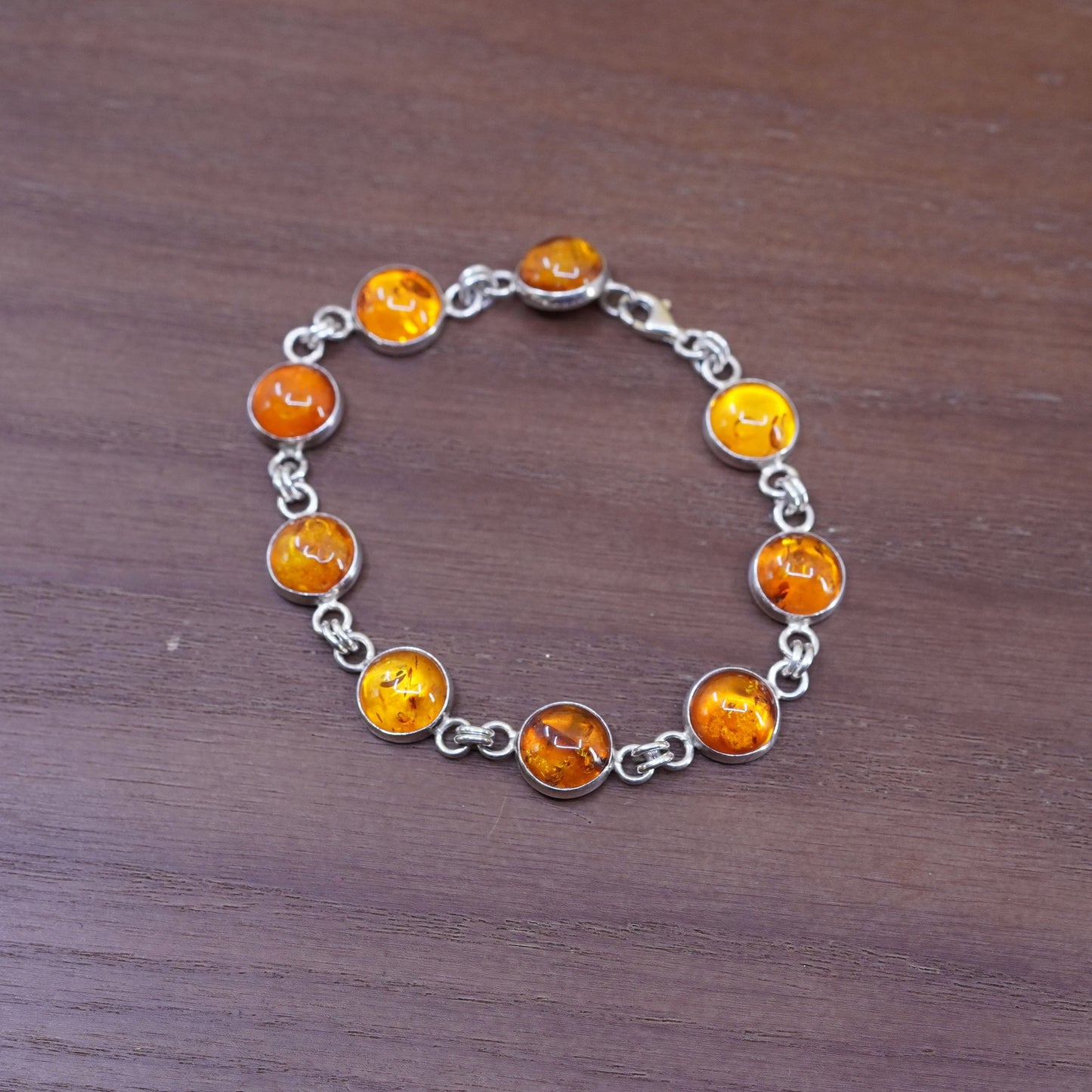 7.25”, vintage Sterling 925 silver handmade bracelet with amber inlay