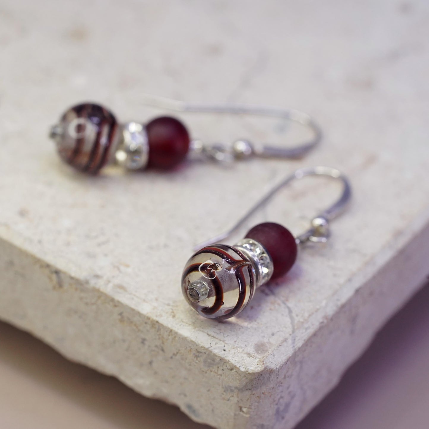 Vintage sterling silver handmade earrings, 925 hooks with red glass bead